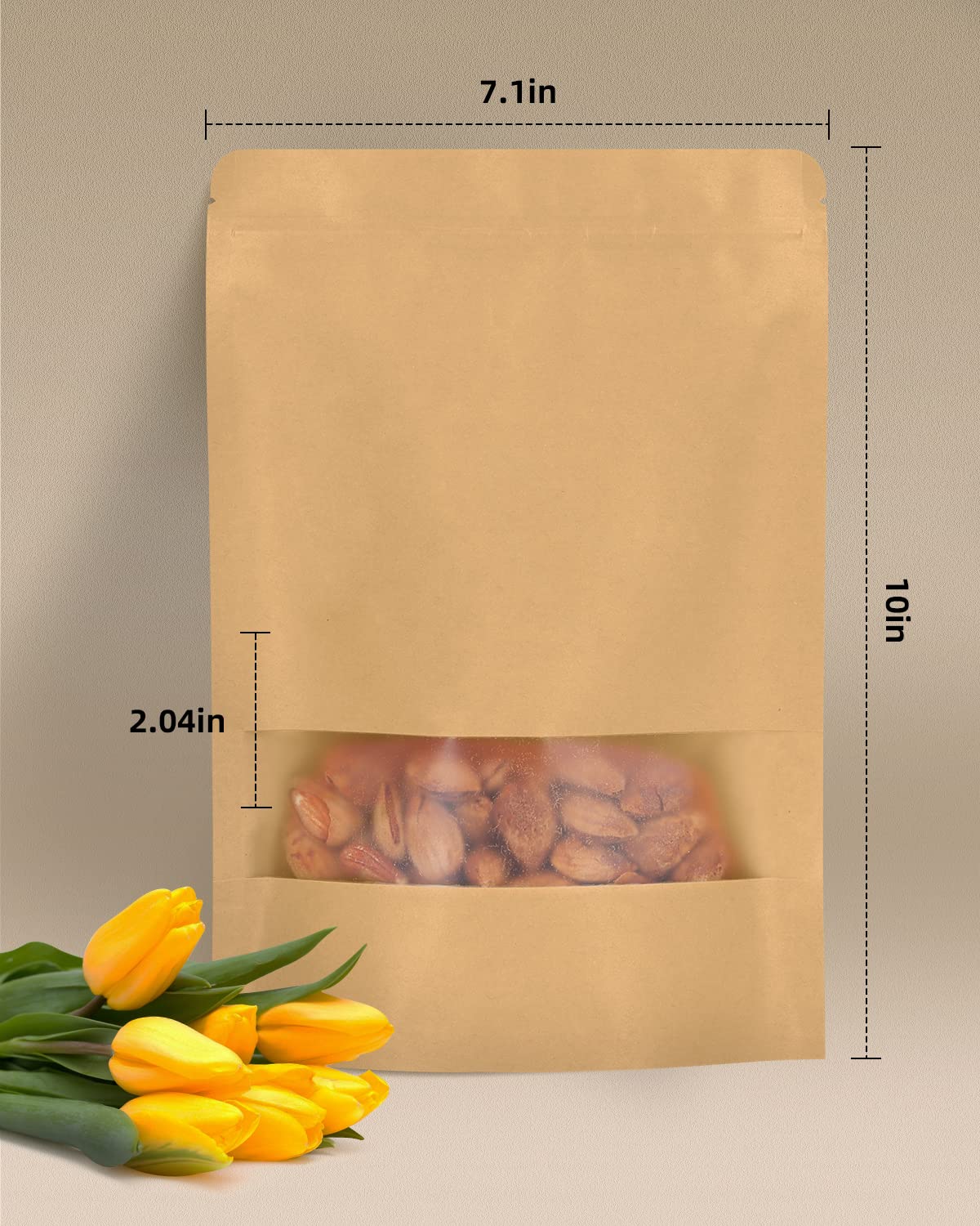 50pcs Kraft Bags with Window 3.5x5.5 Inches Brown Reusable Sealable Zip Lock Food Storage Stand up Paper Pouches for Home or Business