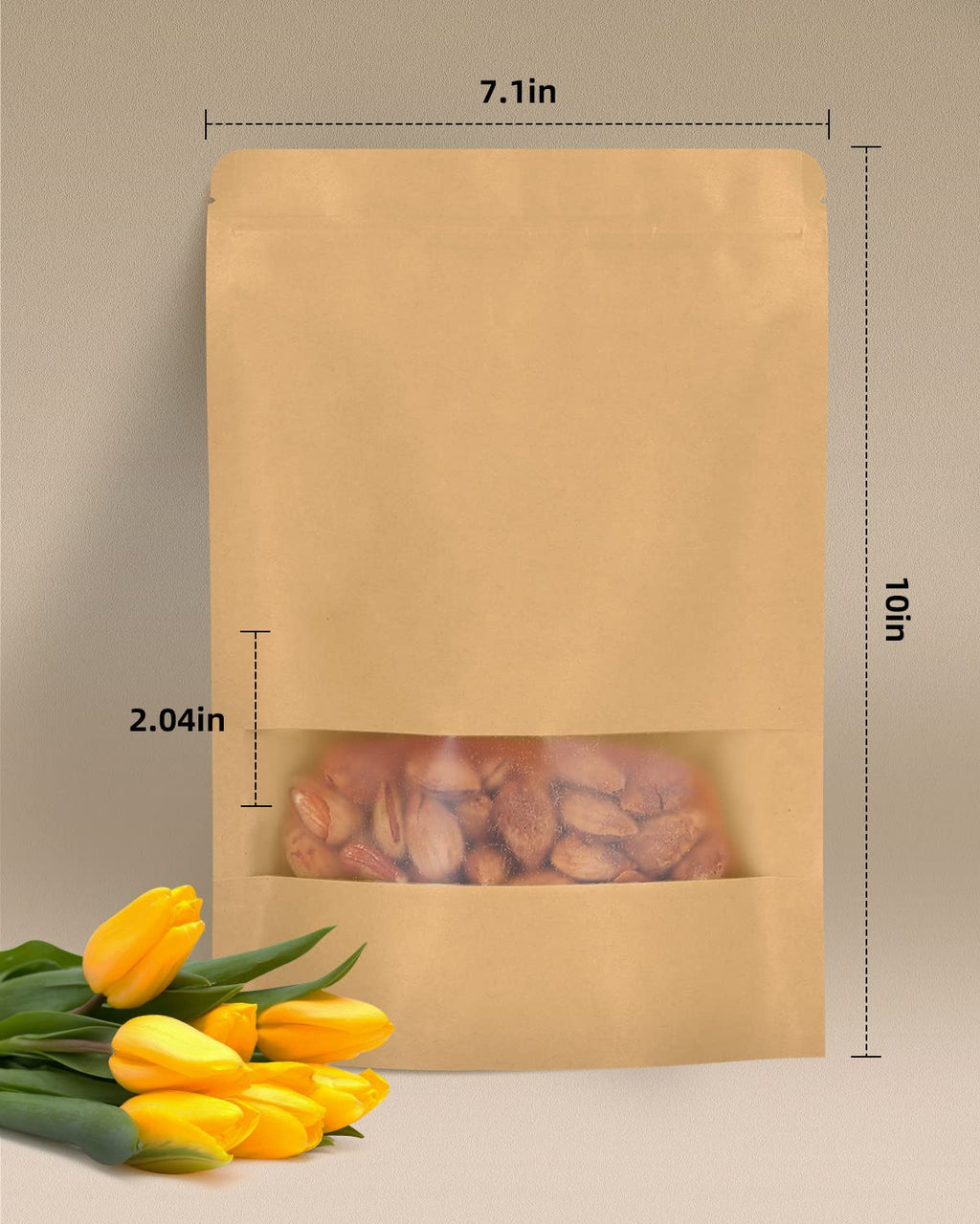 50pcs Kraft Bags with Window 3.5x5.5 Inches Brown Reusable Sealable Zip Lock Food Storage Stand up Paper Pouches for Home or Business