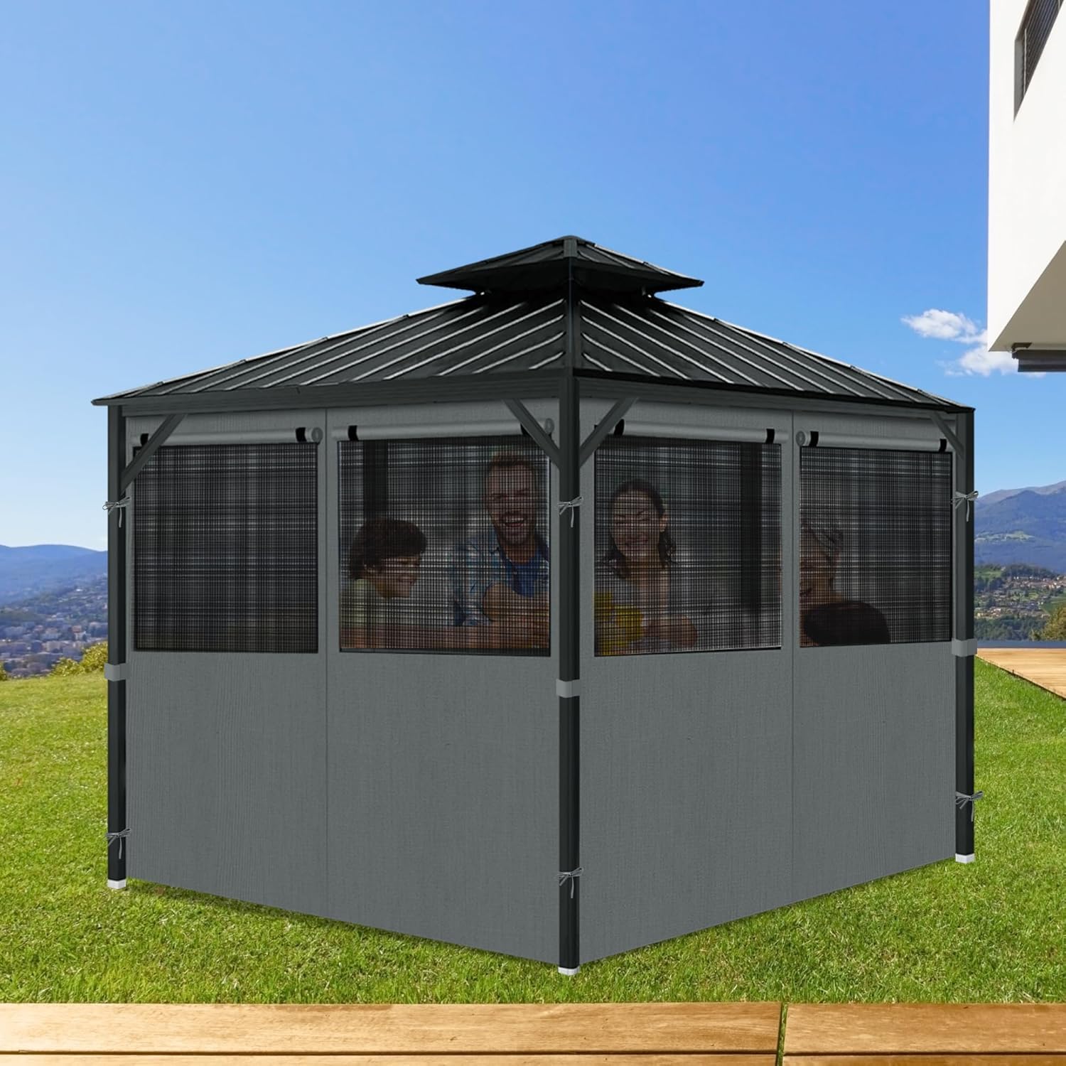 Gazebo Privacy Curtains 10' x 10' with Mosquito Windows, 4-Panels Side Wall with Zipper Universal Replacement for Patio, Outdoor Canopy, Garden and Backyard, Gray (Curtain Only)