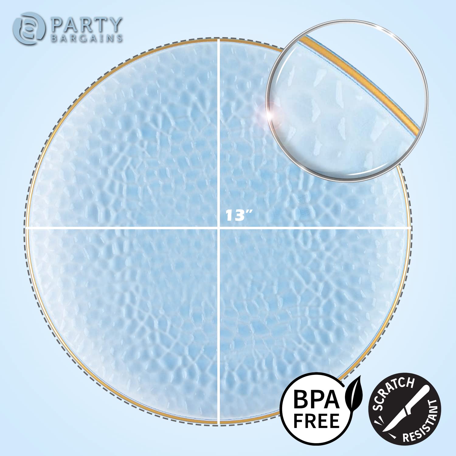 PARTY BARGAINS 13-Inch Charger Plates - 96 Pack, Clear Gold Rim, Heavy-Duty Disposable Chargers for Elegant Dining - Ideal for Weddings and Formal Events