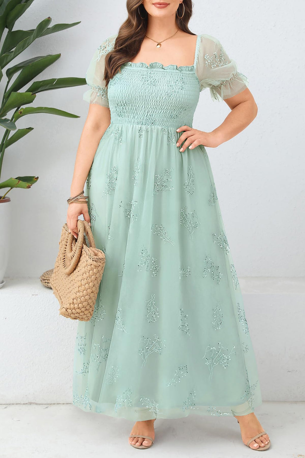 Plus Size Formal Dresses - Bridesmaid Leaf Embroidery with Sequin Tulle Prom Long Dress