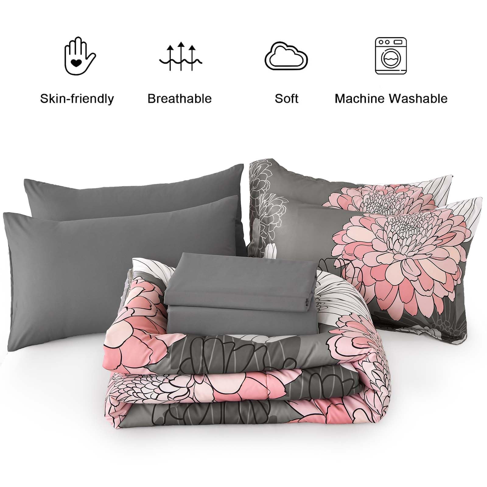 Yiran 7 Pieces Bed in a Bag Blue Floral Comforter Set Queen Size Flowers Comforter Set Soft Microfiber Bedding Set (1 Comforter 1 Flat Sheet 1 Fitted Sheet 2 Pillowshams 2 Pillowcases)