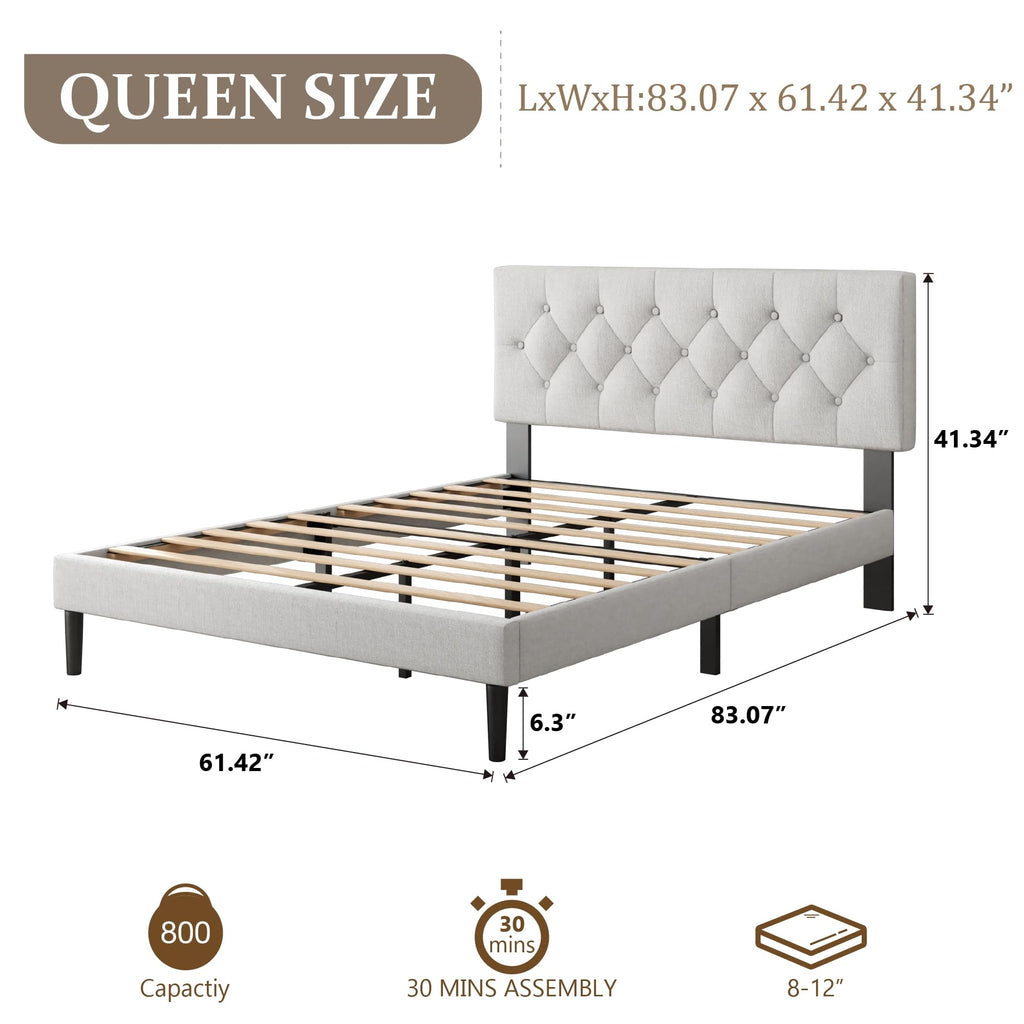 CXVX Full Size Platform Bed Frame with Upholstered Headboard, Button Tufted Design, Strong Wooden Slats, No Box Spring Needed, Easy Assembly, Noise Free