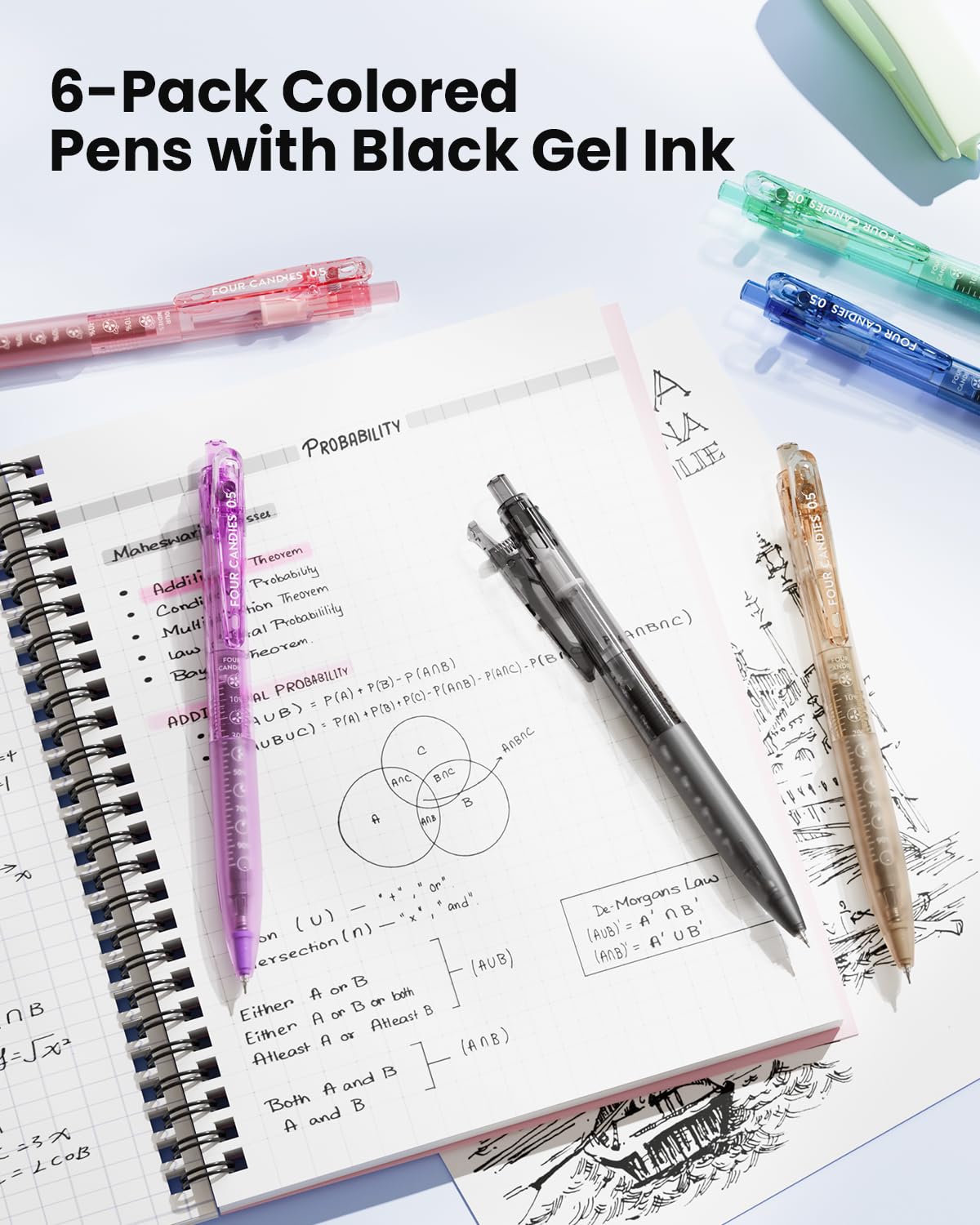 Four Candies 6Pack 0.5mm Black Ink Quick Dry Retractable Gel Pen Set, Cute Transparent Pastel Fine Point Note Taking Aesthetic lnk Pens, Comfort Grip Drawing Writing School Office Home