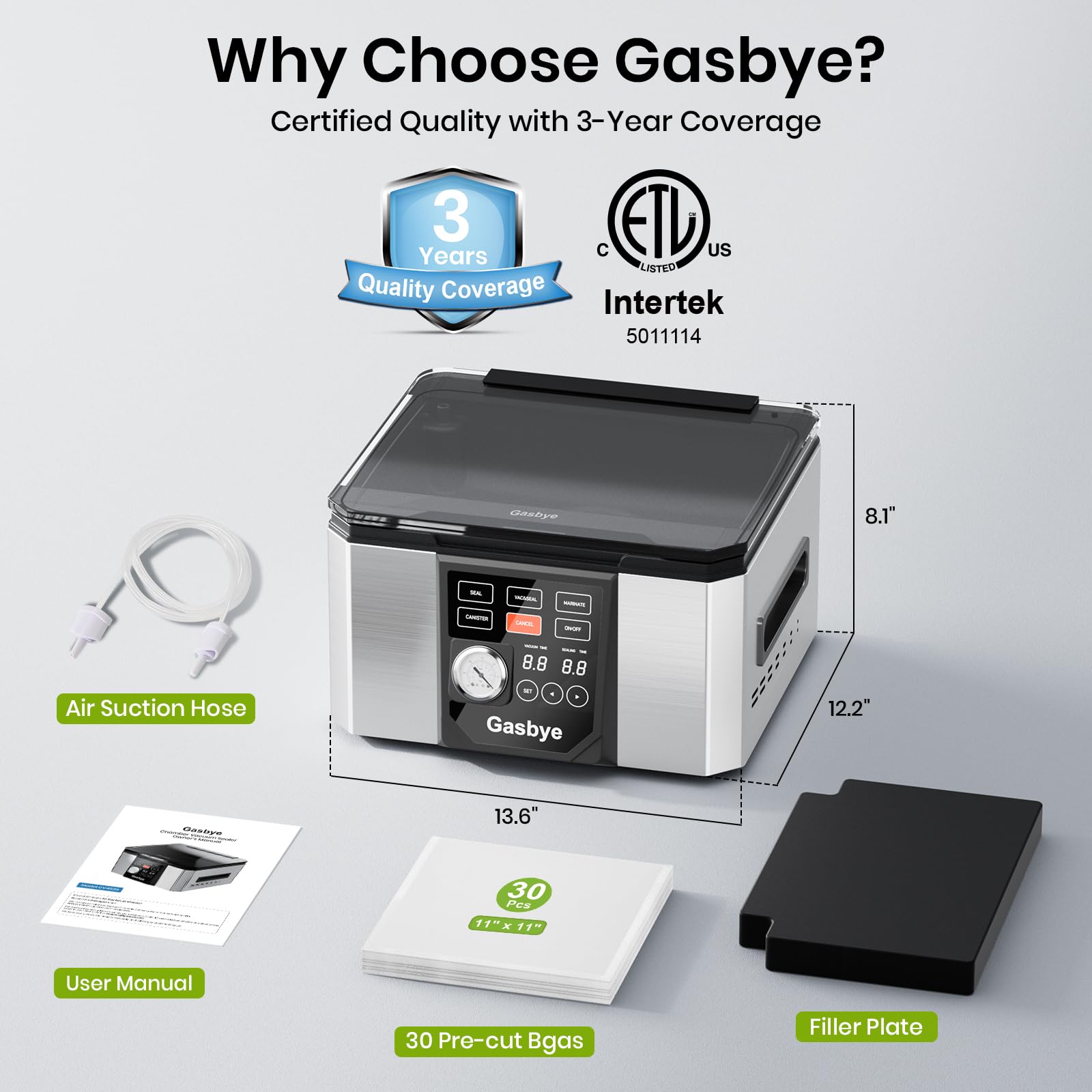 Gasbye 95kPa Precision Vacuum Sealer Machine, Double Heat Seal for Dry/Moist Food, Easy-Lock Handle, Built-in Bag Storage & Cutter, Progress Display, Pulse Mode, Removable Drip Tray, Silver