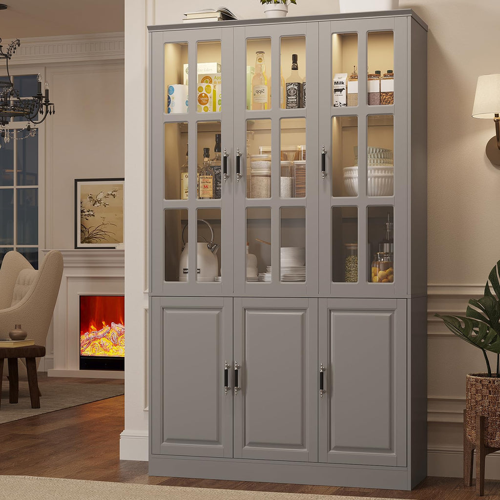 MEISSALIVVE Kitchen Pantry Storage Cabinet with LED Lights, 78.7" Tall with Glass Doors & Drawers, Freestanding Utility Cabinet, Black (31.5" W x 15.7" D)