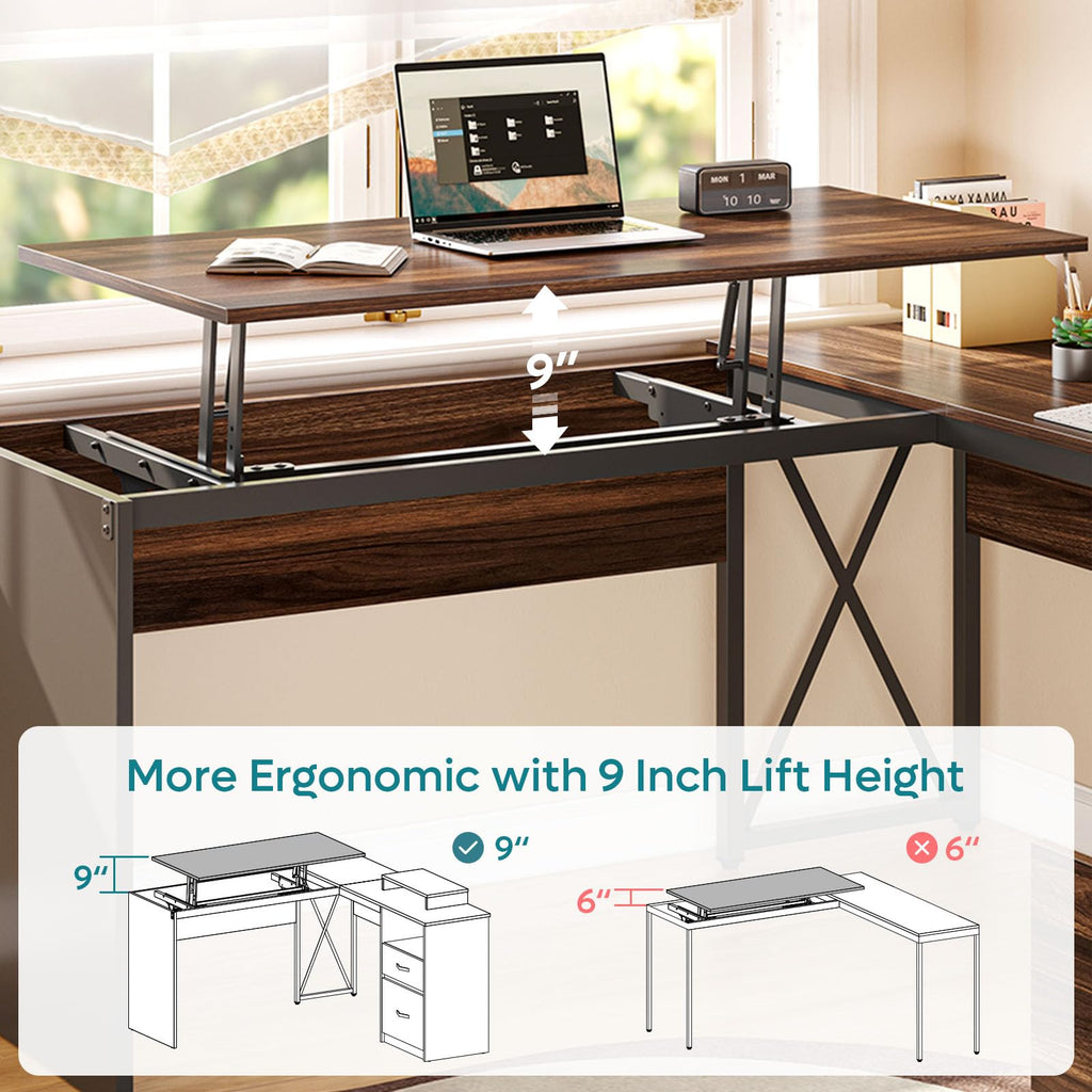 Bestier L Shaped Standing Desk with Lift Top, 55"x55" Standing Corner Desk for Home Office, Computer Desk with Reversible File Drawer and Monitor Stand, Grey Wash
