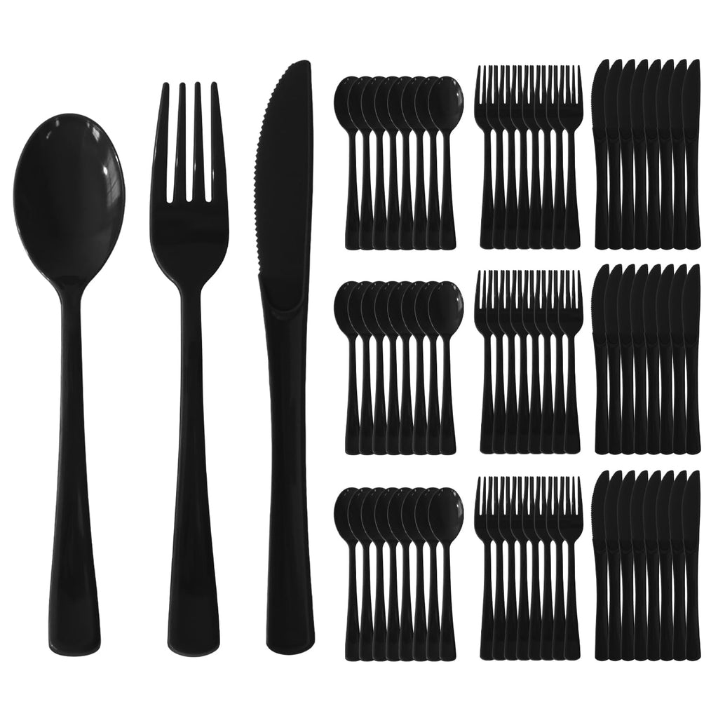 150 Pack Plastic Silverware,Disposable Cutlery Set Heavy Duty Utensil Sets 50 Forks 50 Knives 50 Spoons for Brithday, Wedding,Home School Party Picnics Restaurant Outdoor Events (Black)