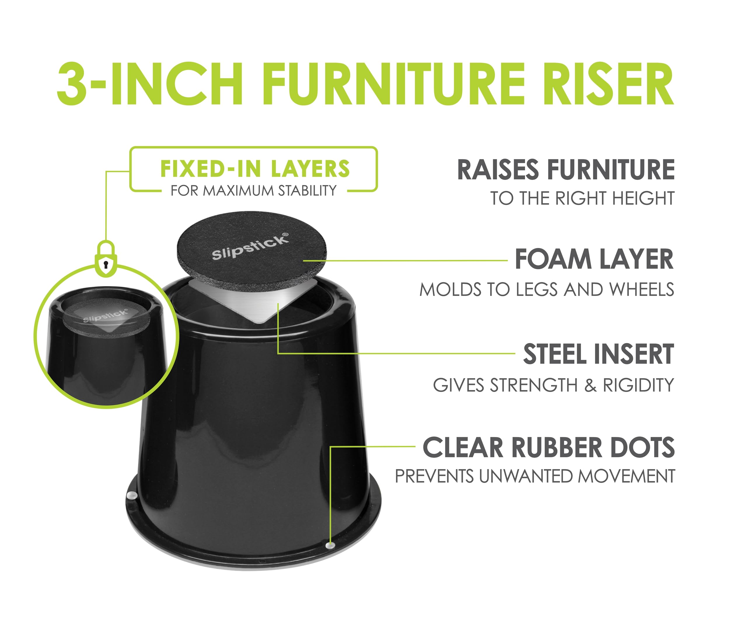 Slipstick CB674 Premium 2 Inch Furniture Risers/Bed Raisers with Steel Reinforced Top (4 Pack) Adds 2" Height, Supports 2,640 Pounds, Stackable with CB671