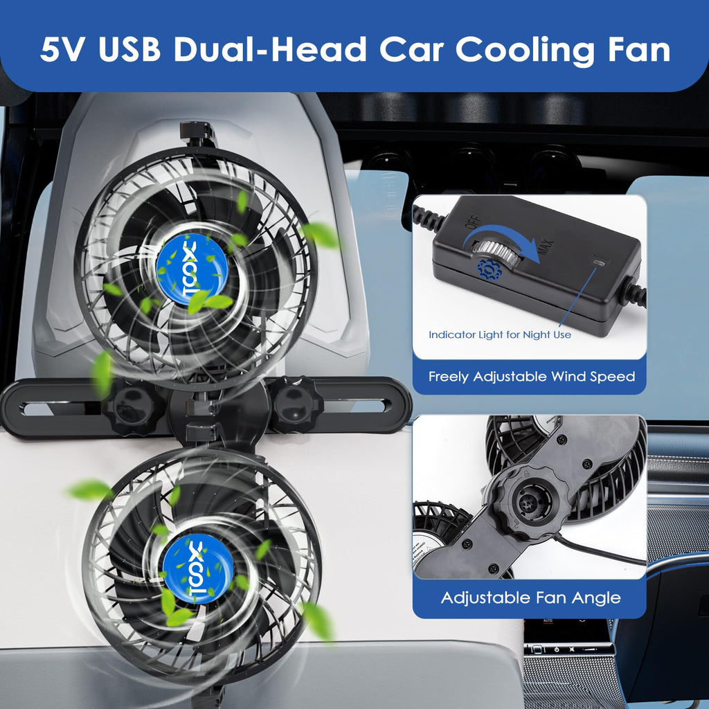 XOOL Clip Car Fan, 9 Inches 12V/24V Fan, 360° Rotatable Electric Cooling Clip on Fan with Stepless Speed Regulation for SUV, RV, Truck