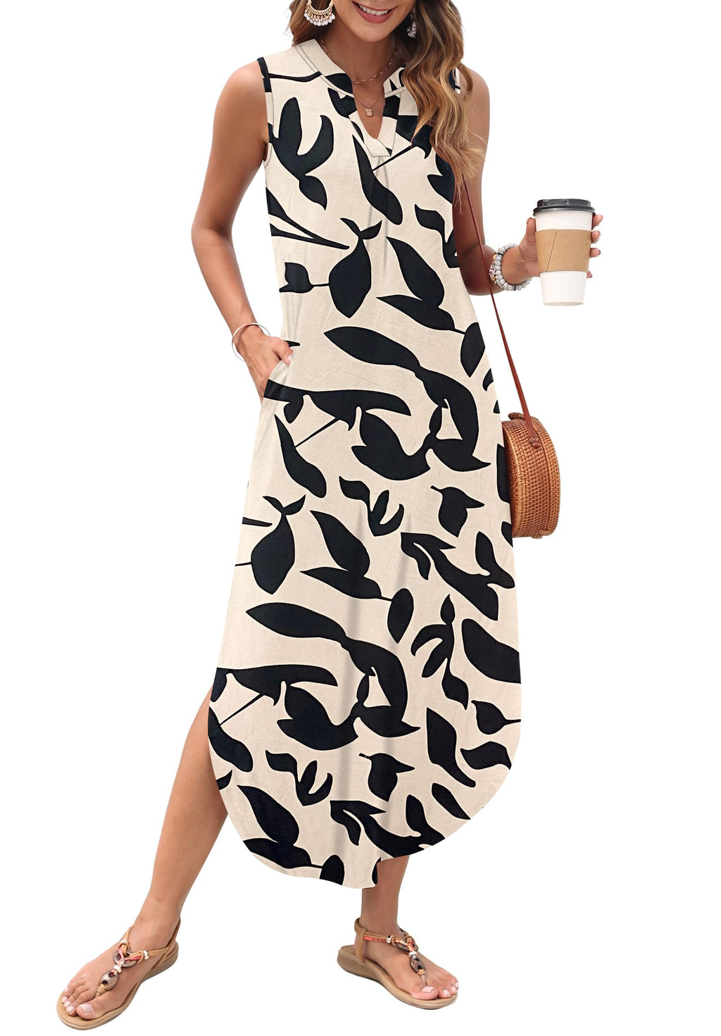 AUSELILY Womens Summer Casual Maxi Dresses 2026 Sleeveless Long Beach Dresses V Neck Loose Sundresses with Side Split Pockets
