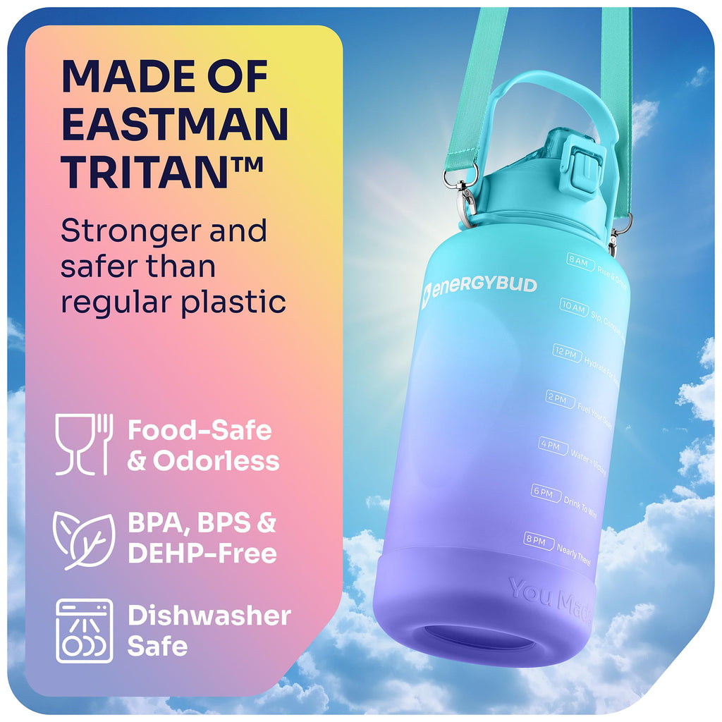 1/2 Gallon Water Bottle with 74.3 oz Capacity - Motivational Time Markers for Daily Hydration Goals - Leakproof BPA Free Tritan with Removable Straw