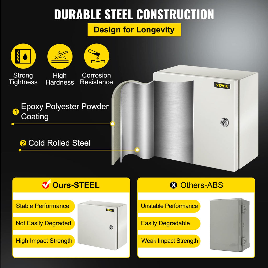 VEVOR NEMA Steel Enclosure, 8" x 8" x 6" NEMA 4X Steel Electrical Box, IP66 Waterproof & Dustproof, Outdoor/Indoor Electrical Junction Box, with Mounting Plate