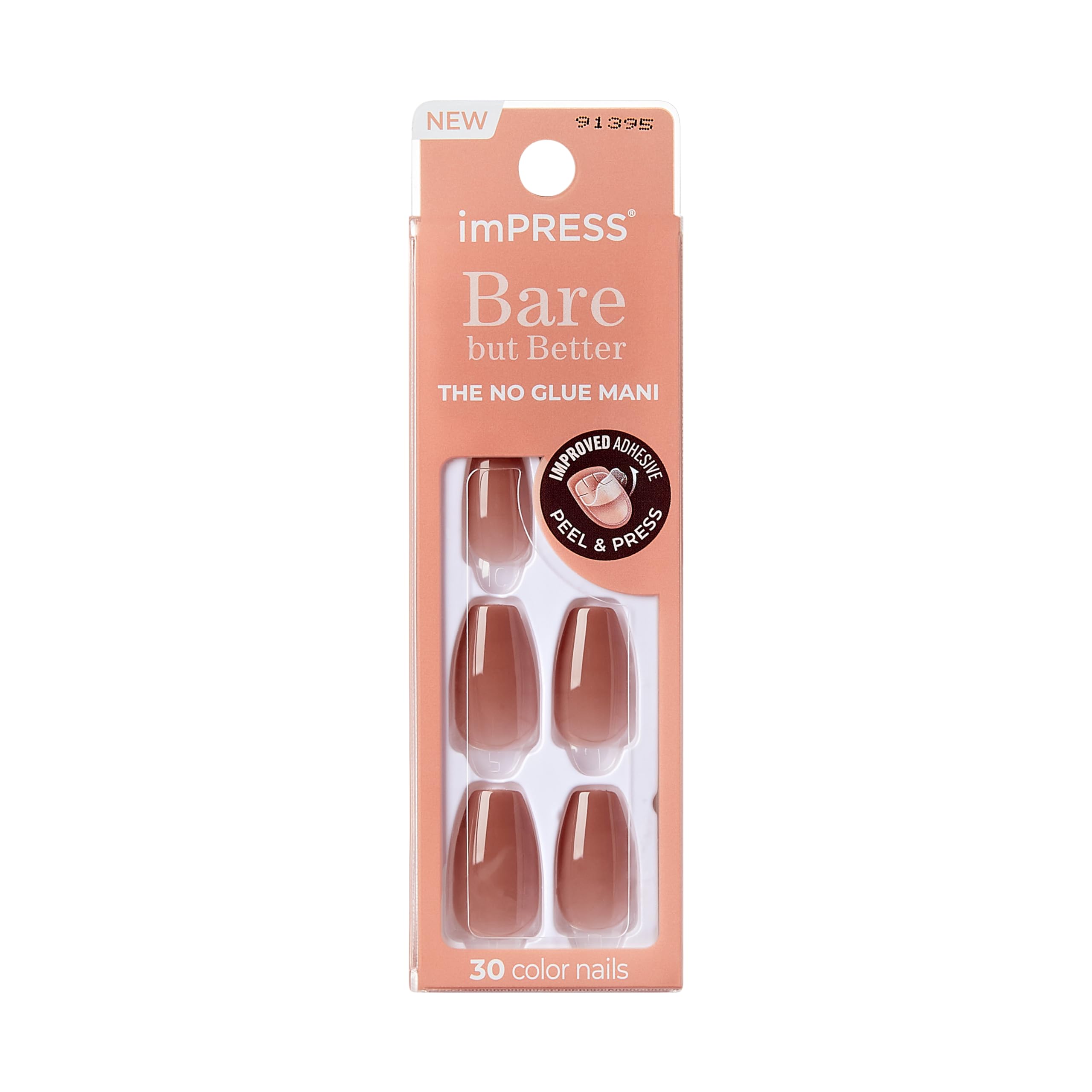 KISS imPRESS No Glue Mani Press On Nails, Bare but Better, 'Flare', Medium Neutral, Medium Size, Coffin Shape, Includes 30 Nails, Prep Pad, Instructions Sheet, 1 Manicure Stick, 1 Mini File