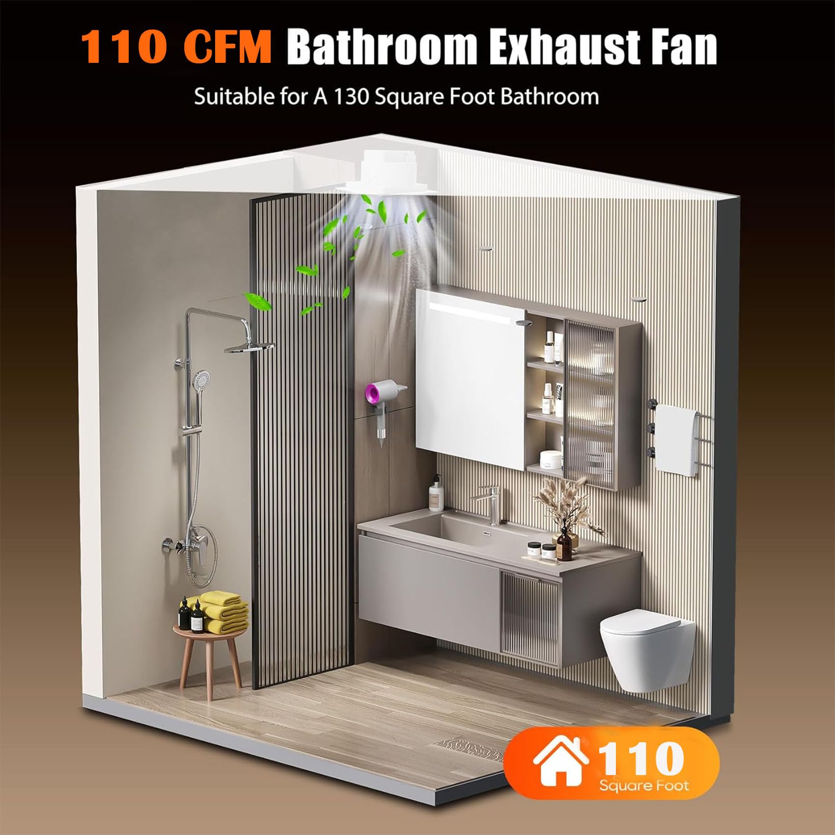 Orsong Bathroom Exhaust Fan 10" Panel Ultra Quiet without Light(8x8 Mount), 110CFM, 4" Duct for Bathroom/Garage/Home