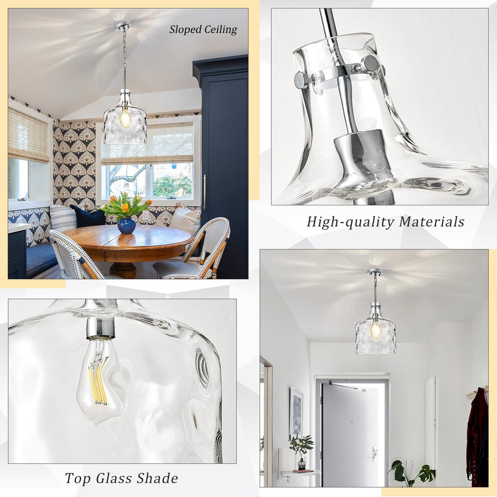 Glass Large Pendant Lights for Kitchen Island Blown Glass Pendant Light Clear Hammered Shade Hanging Ceiling Lights with Black Finish for for Kitchen Island, Sink, Hallway, Living Room 11 inch