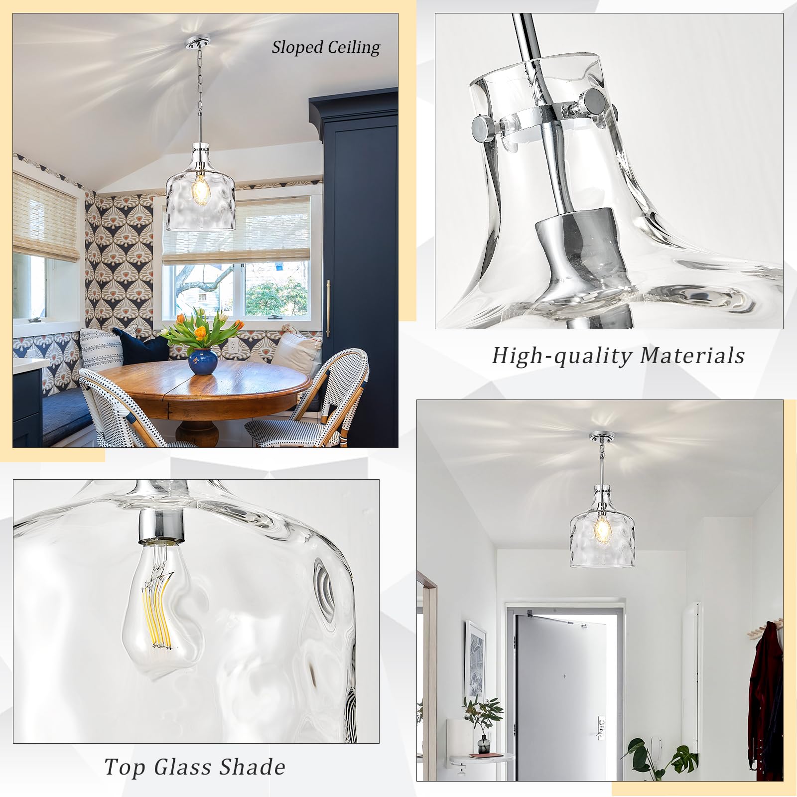 Glass Large Pendant Lights for Kitchen Island Blown Glass Pendant Light Clear Hammered Shade Hanging Ceiling Lights with Black Finish for for Kitchen Island, Sink, Hallway, Living Room 11 inch