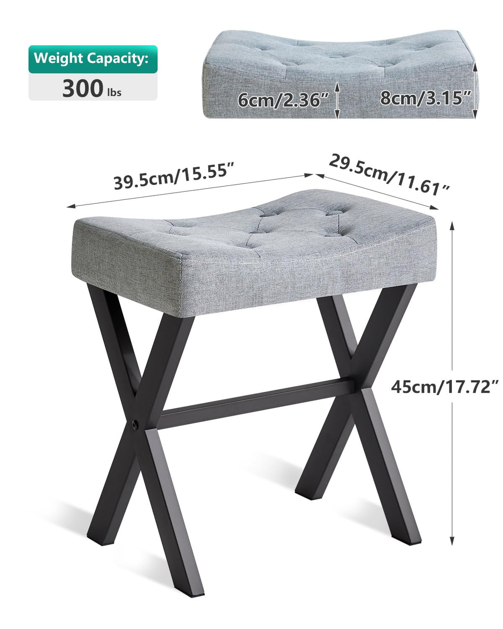 IBUYKE U-Shaped PU Vanity Stool, Square Makeup Chair with X-Leg, Ottoman Seat Footrest Stool, Multi-Use as Small Side Table, for Bedroom, Living Room, Black WBD019B