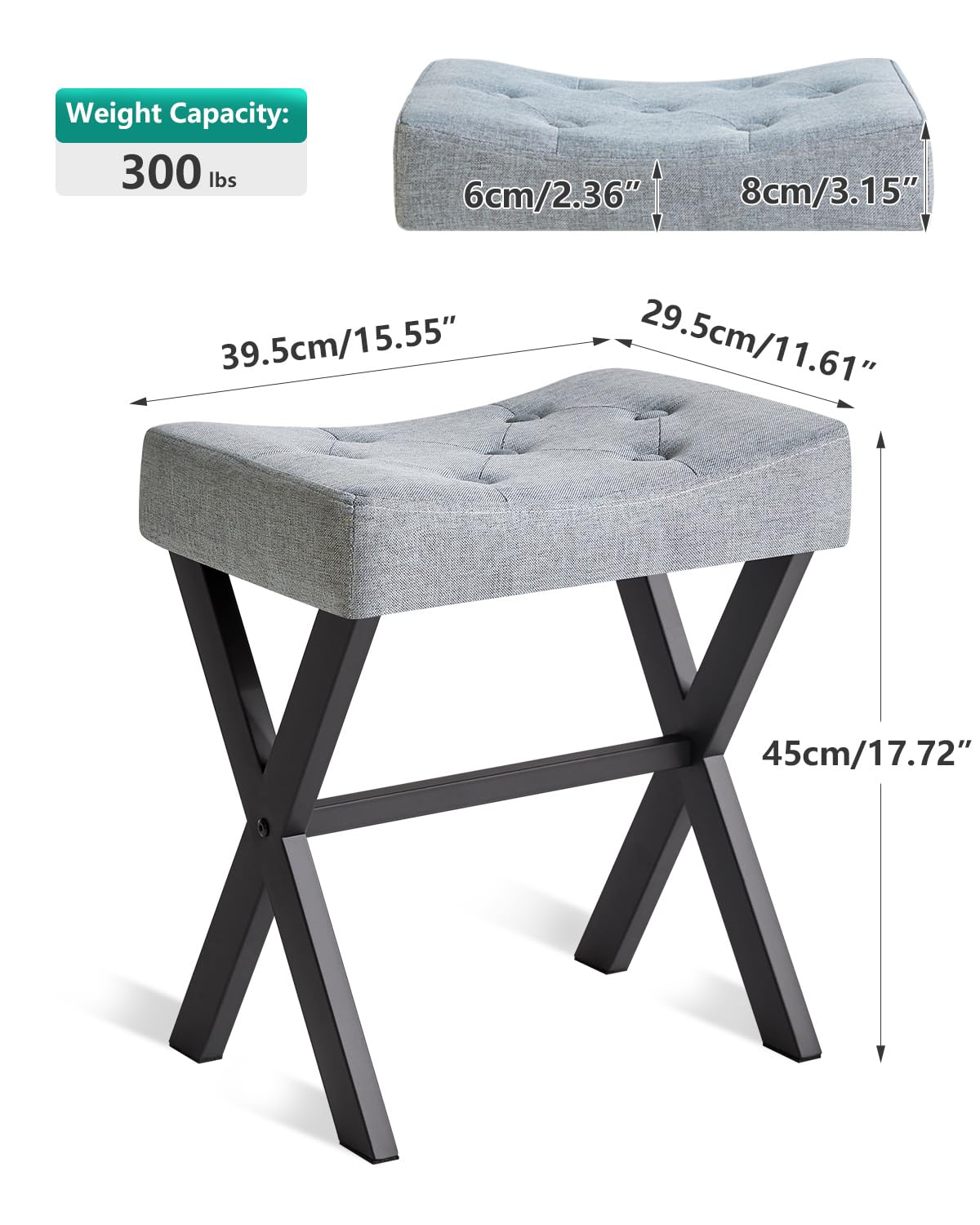 IBUYKE U-Shaped PU Vanity Stool, Square Makeup Chair with X-Leg, Ottoman Seat Footrest Stool, Multi-Use as Small Side Table, for Bedroom, Living Room, Black WBD019B