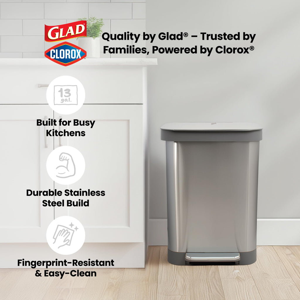 Glad 13 Gallon All Brushed Stainless Steel Trash Can with Clorox Odor Protection | Large Metal Kitchen Garbage Bin with Soft Close Lid, Garbage Bag Rings, Step On Foot Pedal and Waste Bag Roll Holder