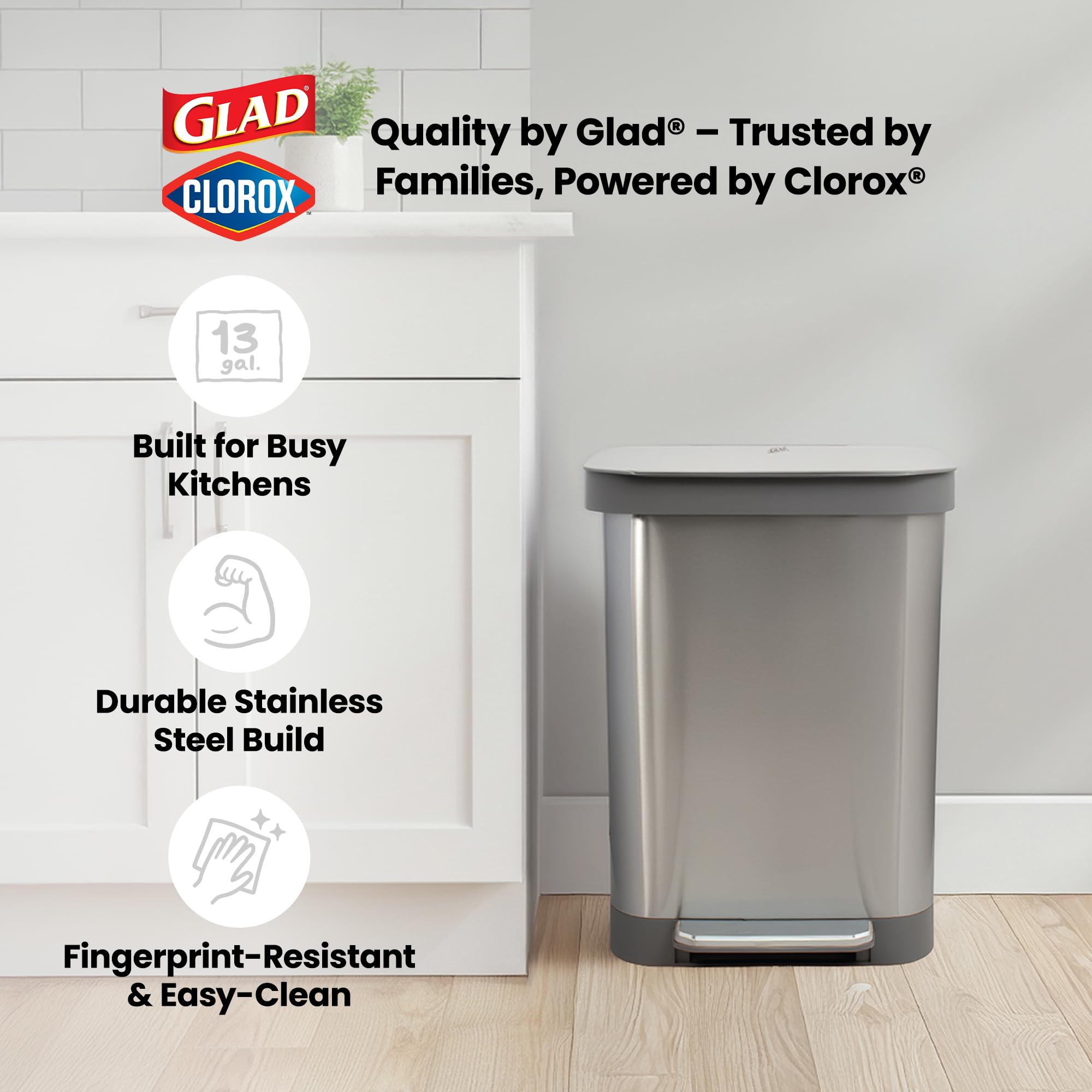 Glad 13 Gallon All Brushed Stainless Steel Trash Can with Clorox Odor Protection | Large Metal Kitchen Garbage Bin with Soft Close Lid, Garbage Bag Rings, Step On Foot Pedal and Waste Bag Roll Holder