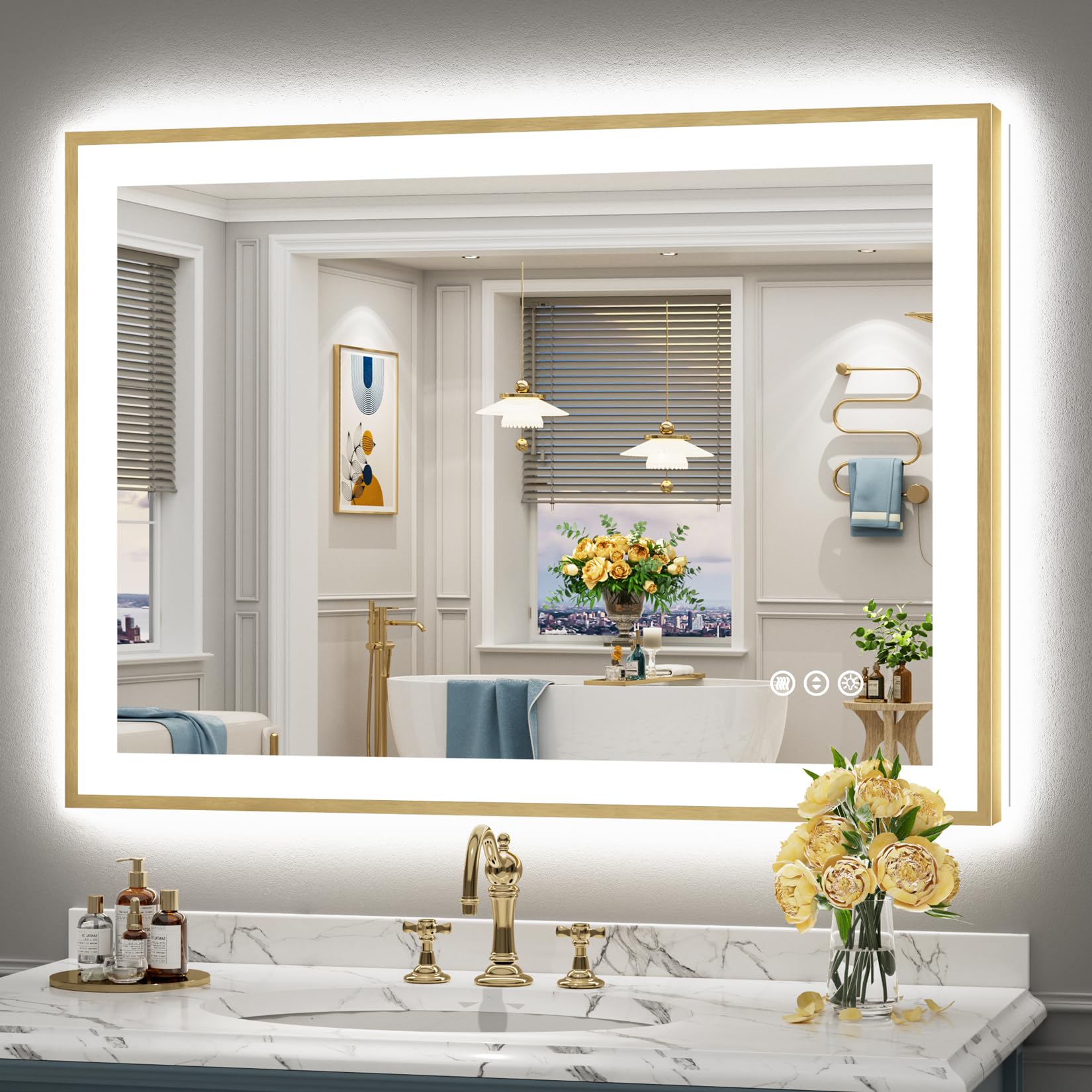 24x36 Gold Beveled LED Bathroom Mirror with Lights, Brushed Gold Framed Backlit and Front Lit Anti-Fog Lighted Vanity Mirrors for Bathroom Wall, Dimmable, 3 Colors, Memory, HD Tempered Glass