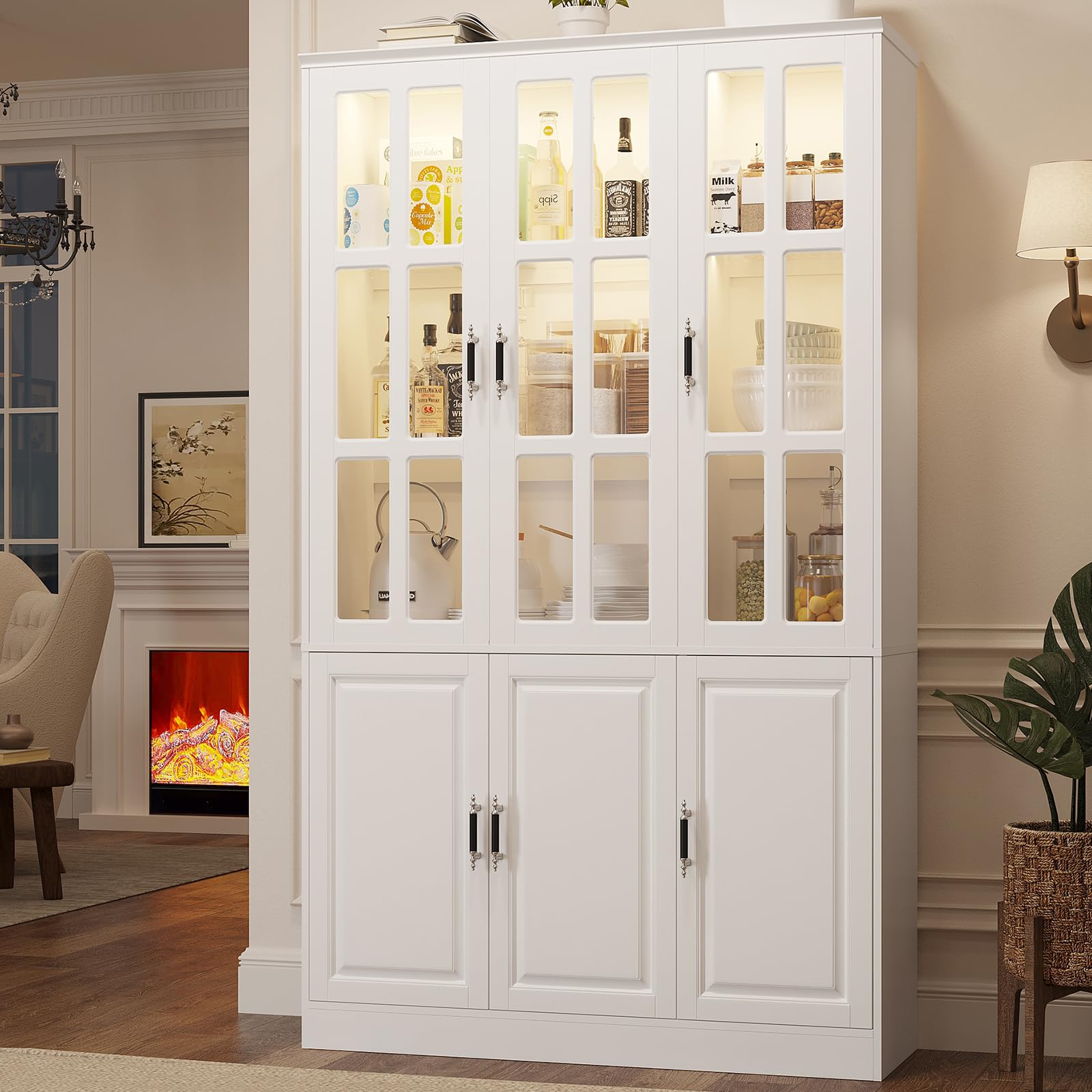 MEISSALIVVE Kitchen Pantry Storage Cabinet with LED Lights, 78.7" Tall with Glass Doors & Drawers, Freestanding Utility Cabinet, Black (31.5" W x 15.7" D)