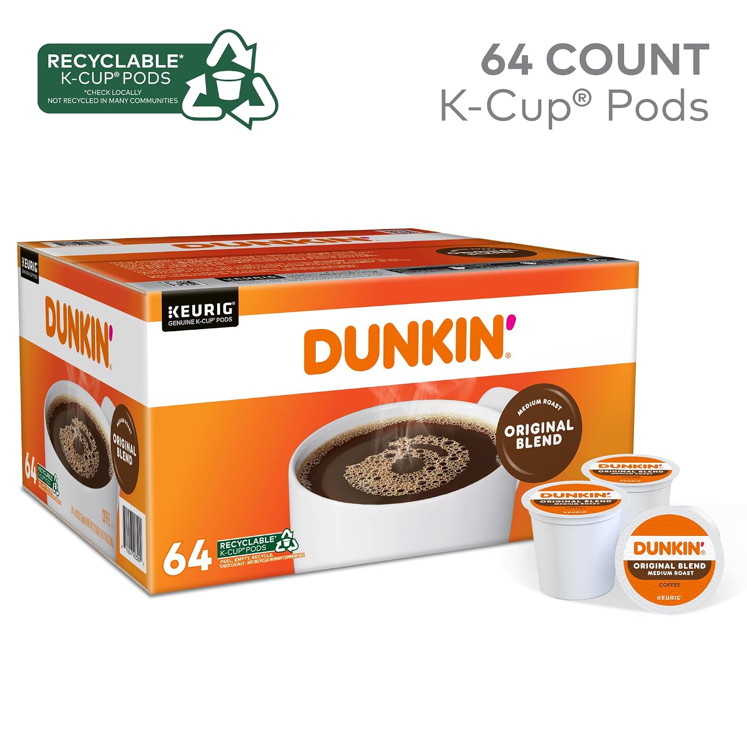 Dunkin' Donuts Single-Serve Coffee K-Cup® Pods, Original Blend, Medium Roast, Carton Of 64 Pods