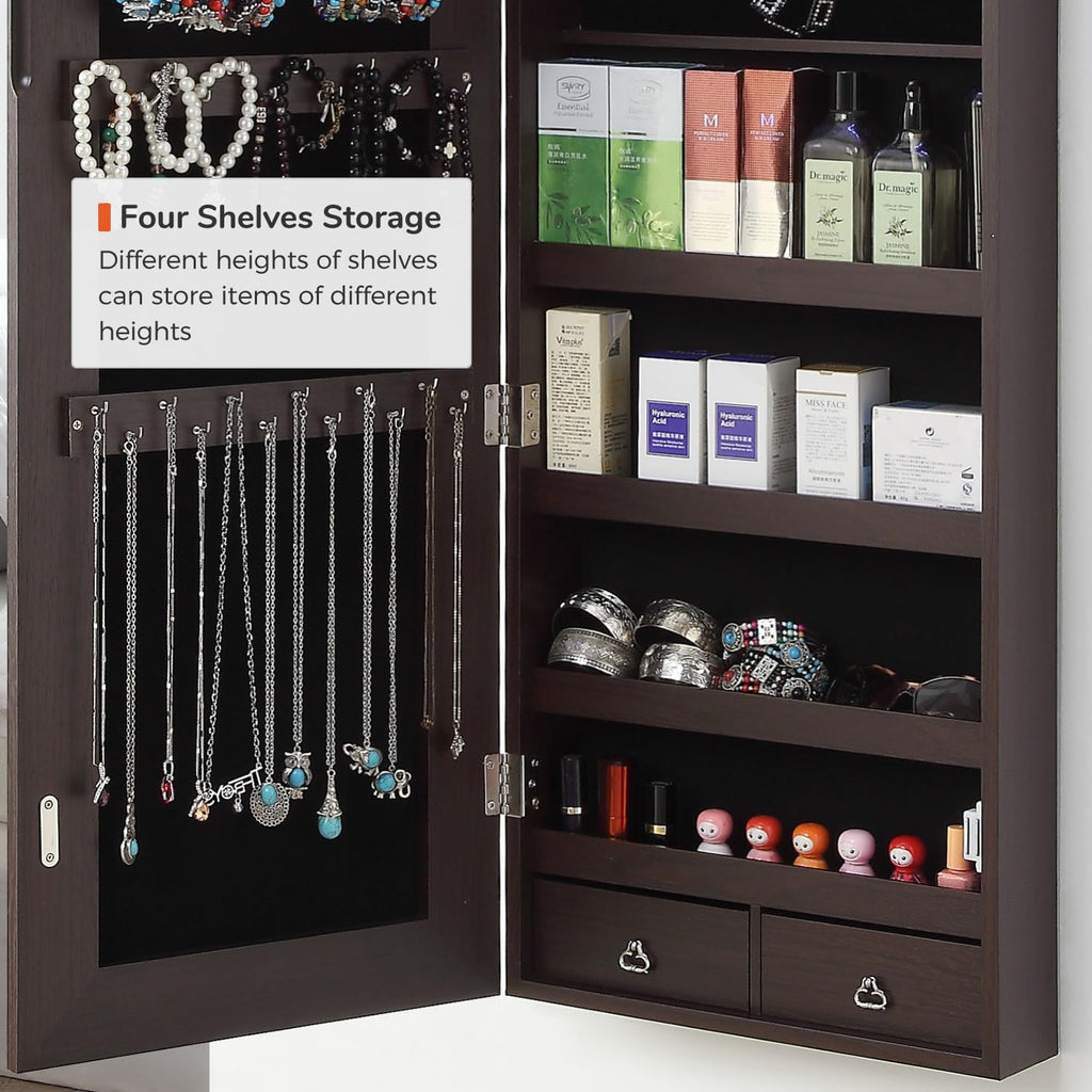 GISSAR Full Length Mirror Jewelry Cabinet, 6 LEDs Jewelry Armoire Wall Mounted Over The Door Hanging, Jewelry Organizer Storage with Lights Lockable, Black, 14.6" x 47.2"