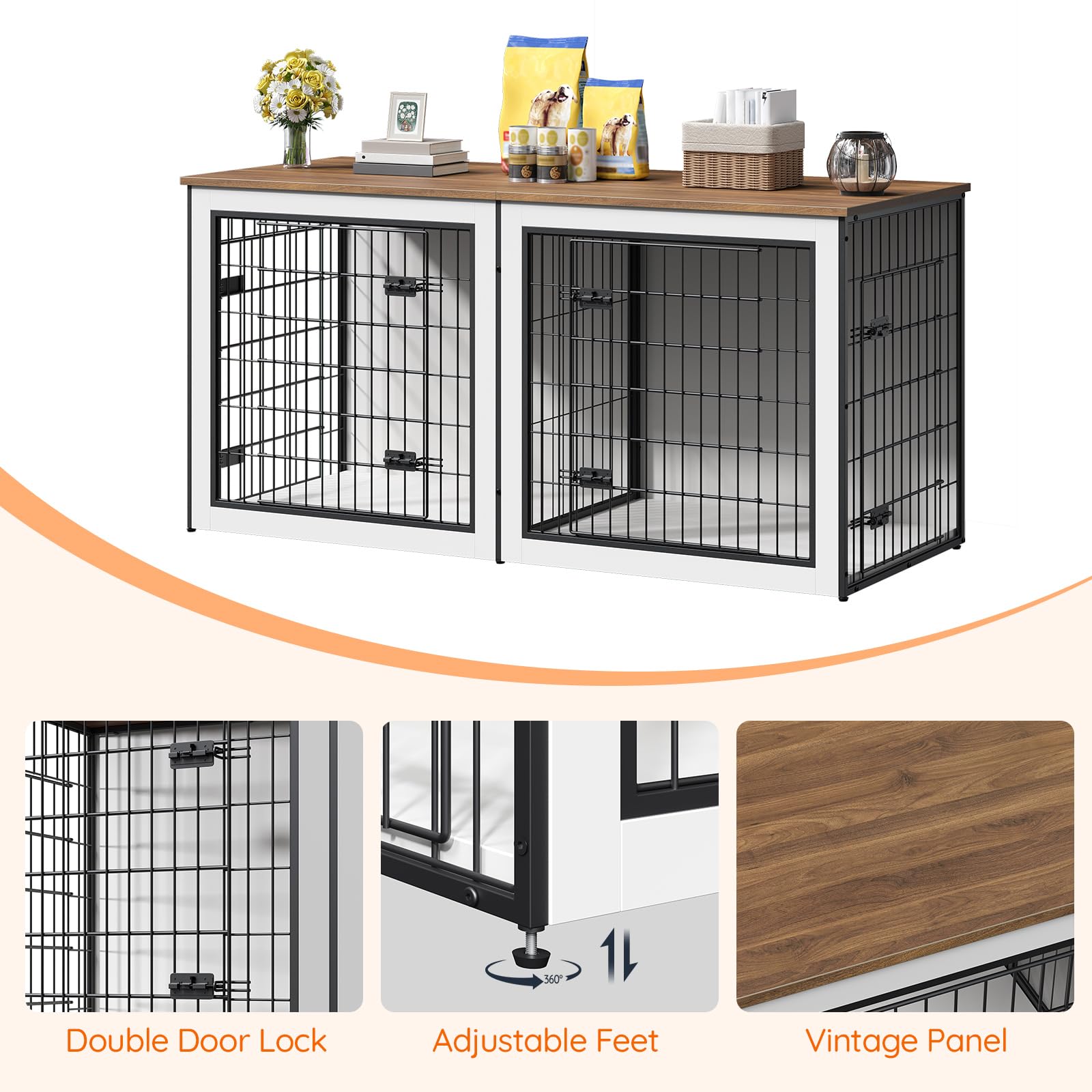 HOOBRO Dog Crate Furniture for 2 Dogs, 63" Large Double Dog Crate Furniture with Divider, Wooden Indoor Kennel TV Stand for Medium Large Dogs, Rustic Brown BF55GW03