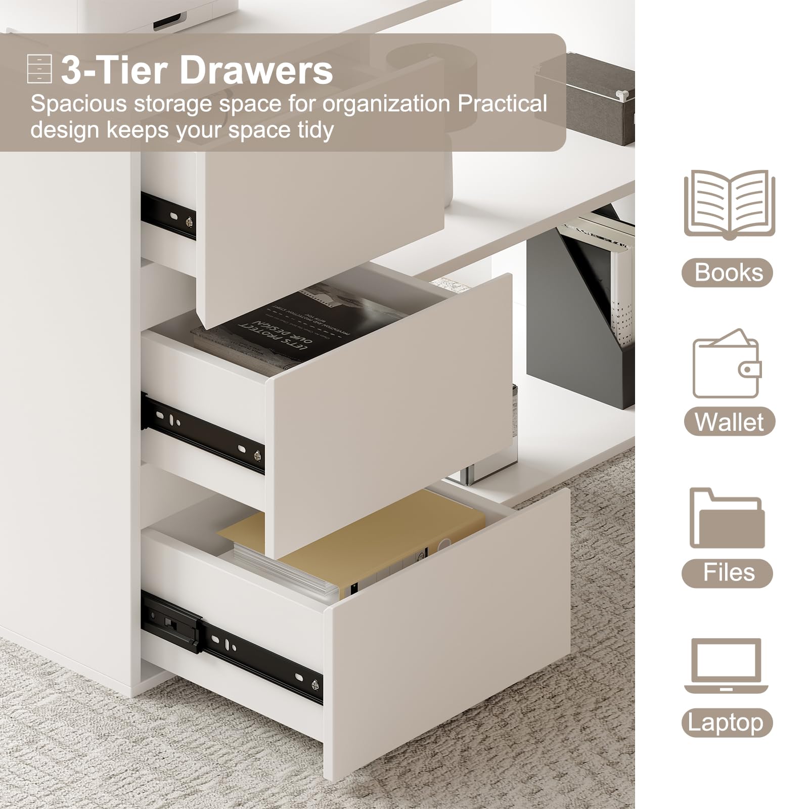 Bobve L Shaped Computer Desk, 47 Inch Home Office Desk with File Drawers & Storage Shelves, Small Corner Computer Desk for Small Space (Black + White)