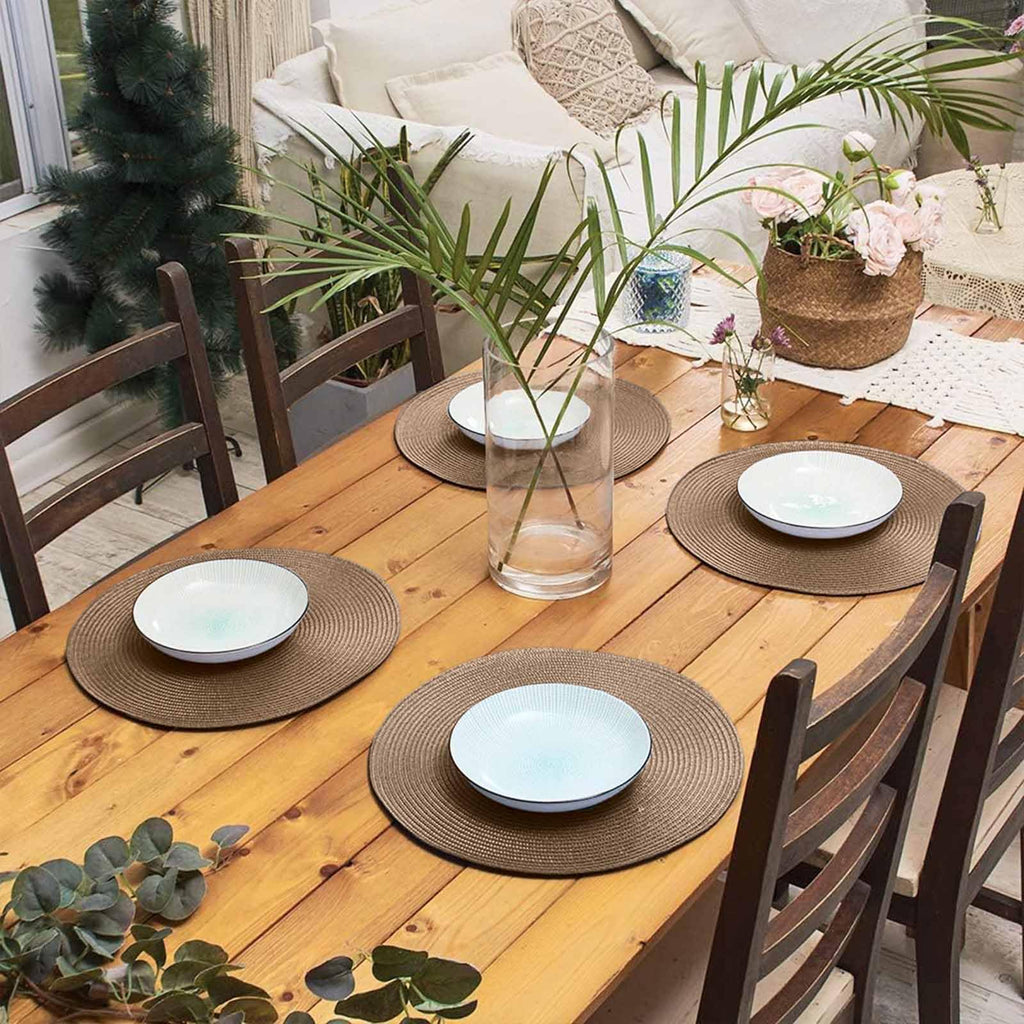 AHHFSMEI Round Placemats Set of 6 Heat Resistant Washable Non-Slip Woven Braided Table Mats for Dining Table Kitchen & Home Decor (Beige)