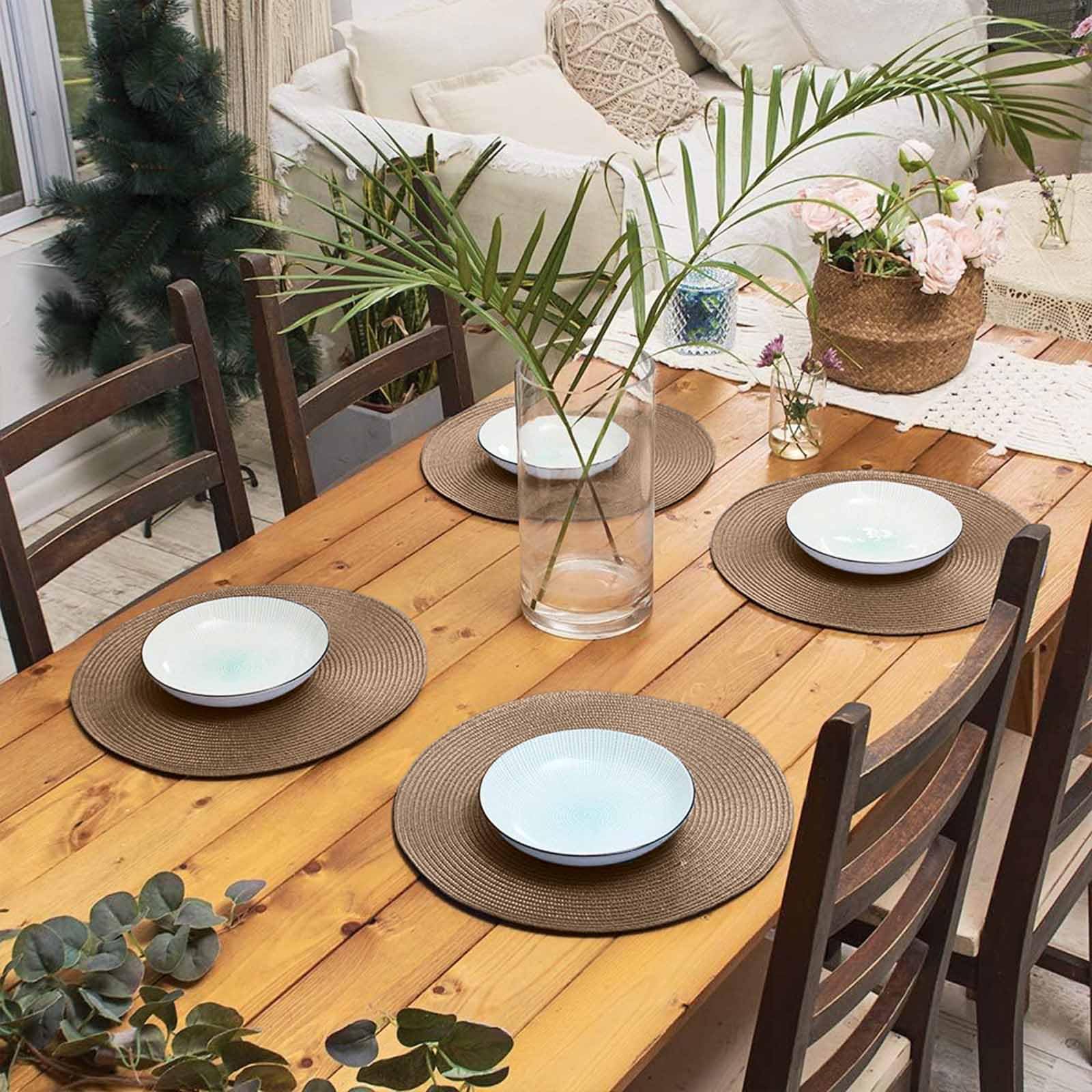 AHHFSMEI Round Placemats Set of 6 Heat Resistant Washable Non-Slip Woven Braided Table Mats for Dining Table Kitchen & Home Decor (Beige)