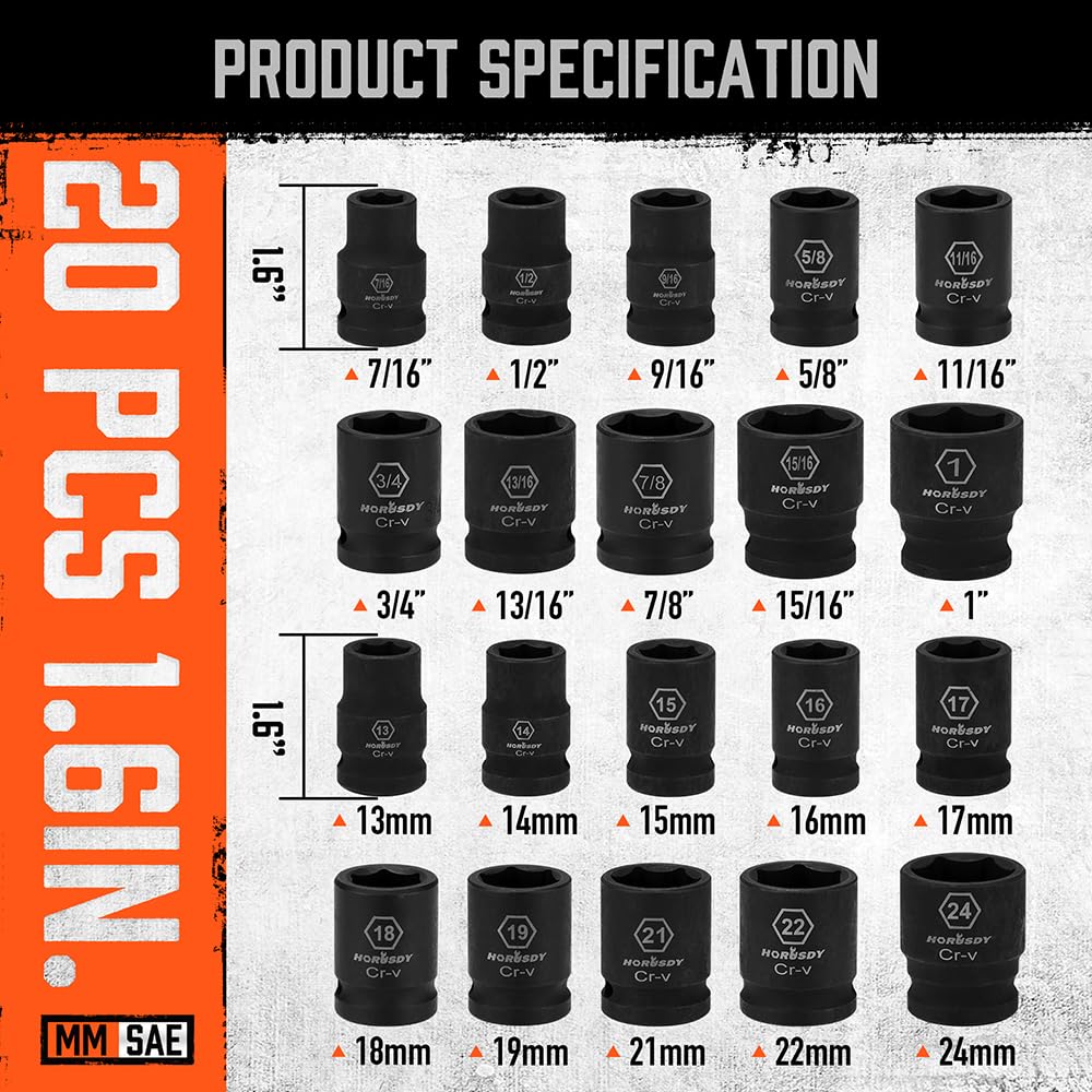 HORUSDY 1/2" Drive Shallow Impact Socket Set, 24-Piece SAE (7/16"-1") and Metric (13-24mm), 6 Point, Cr-V, Includes 1/2-Inch Drive Ratchet Handle, Drive Extension Bar
