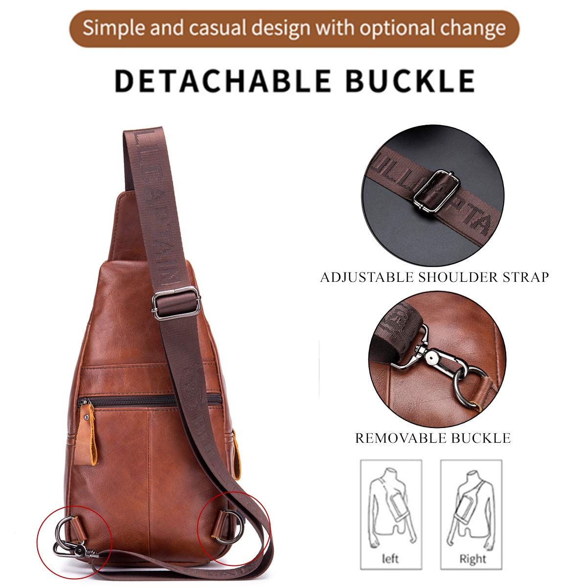 BULLCAPTAIN Genuine Leather Sling Bag for Men XB-129 | USB Charging Port, Multi-pocket, Chest Bag, Hiking Travel Daypack