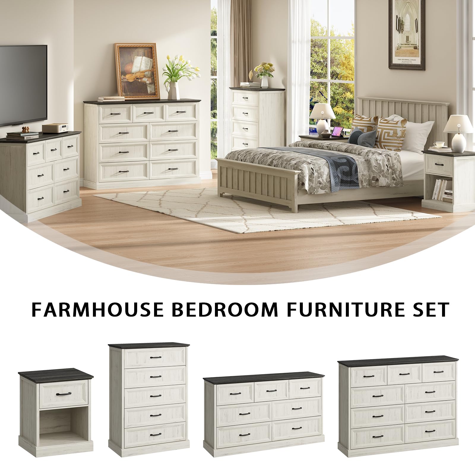 Farmhouse 5 Drawers Dresser for Bedroom, 44" Tall Brown dresser Wood Rustic Chest of Drawers with Wide Metal Handle,Natural Texture,Drawer Organizer for Bedroom,Living Room,Hallway and Entryway
