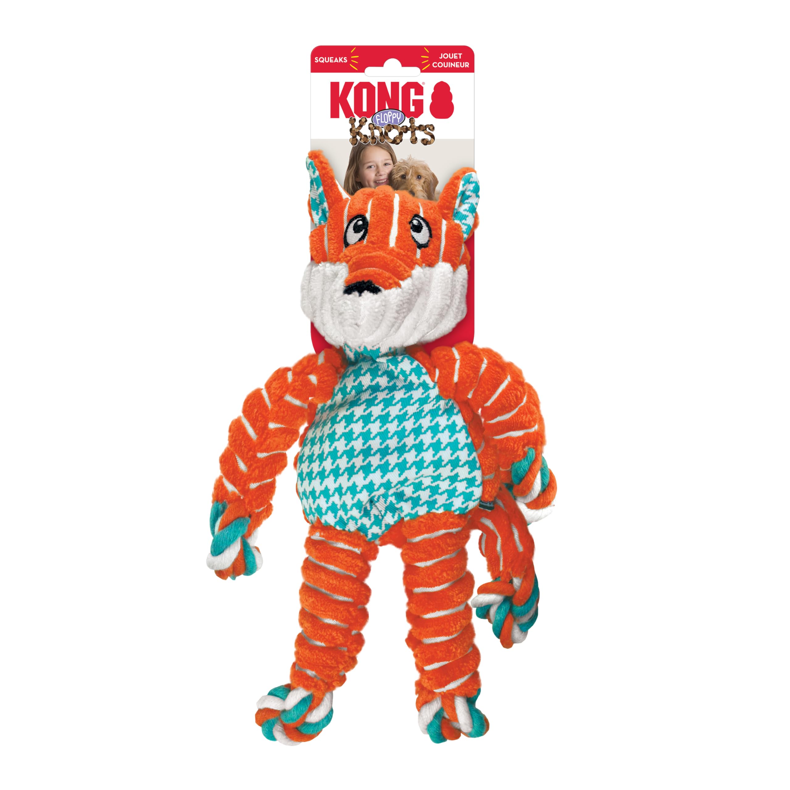 KONG Floppy Knots - Durable No‑Stuffing Squeaky Rope & Plush Dog Toy - for Teething, Playing (Bunny, Small/Medium)