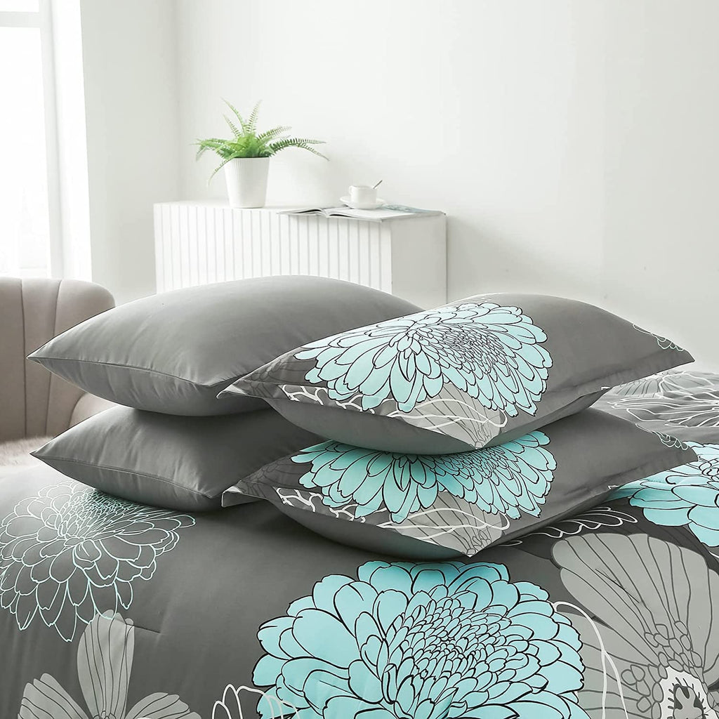 Yiran 7 Pieces Bed in a Bag Blue Floral Comforter Set Queen Size Flowers Comforter Set Soft Microfiber Bedding Set (1 Comforter 1 Flat Sheet 1 Fitted Sheet 2 Pillowshams 2 Pillowcases)