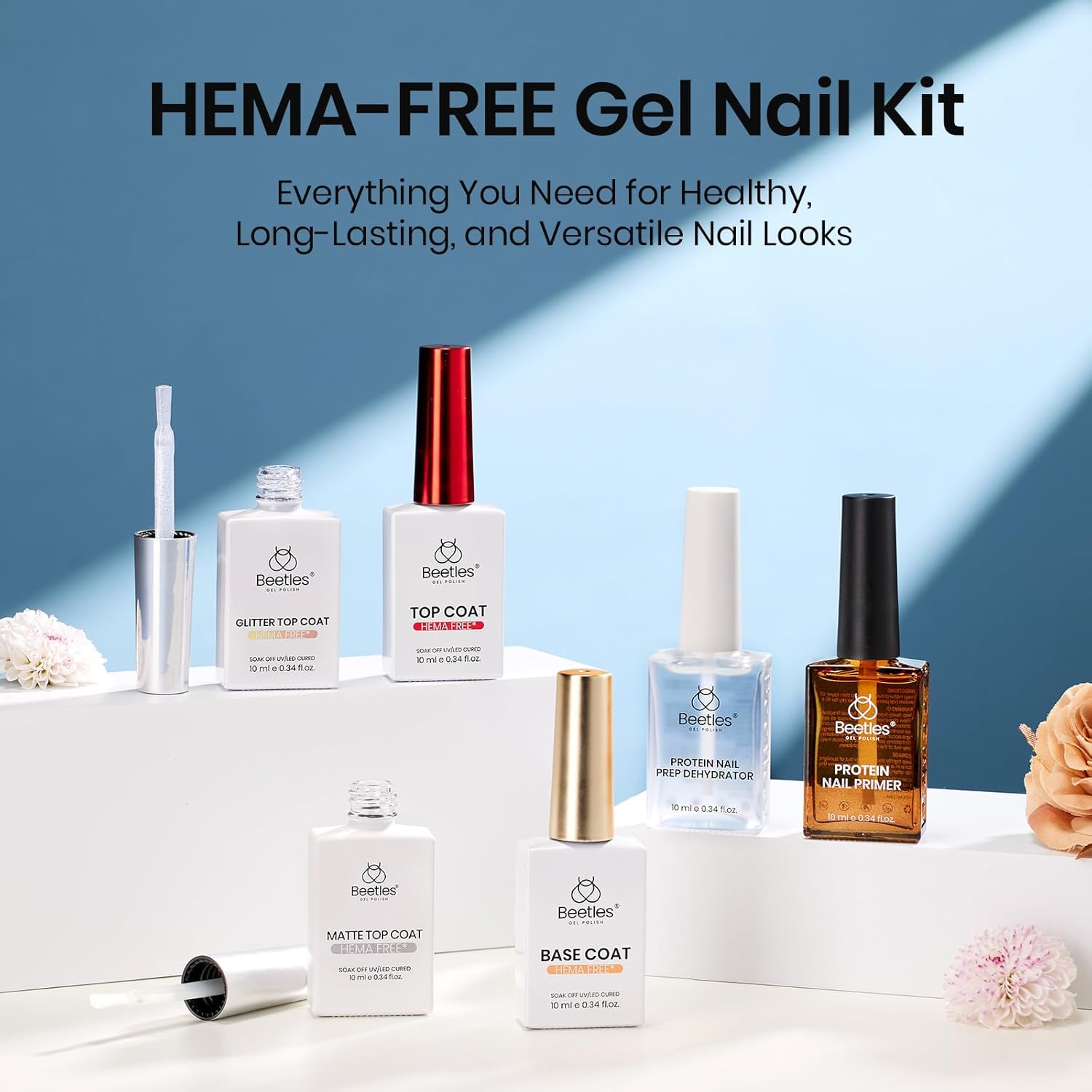 Beetles 2Pcs 15ml Gel Base and Top Coat Set - Upgrade No Wipe Extra Glossy Top Coat Finish for Gel Nail Polish, Soak Off UV/LED Lamp Needed, Essentials for Long-Lasting Manicure Kit