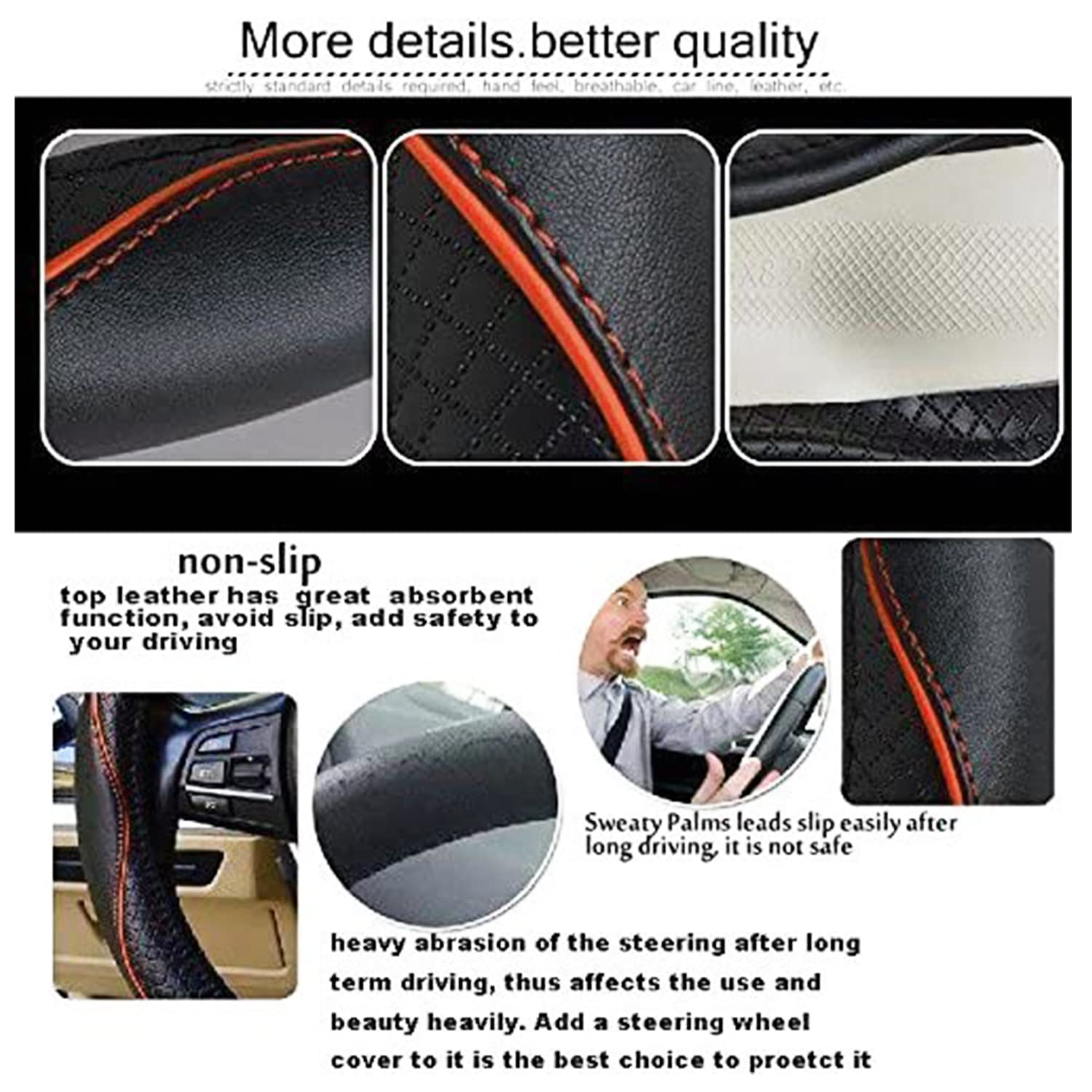 Car Steering Wheel Cover, Anti-Slip, Safety, Soft, Breathable, Heavy Duty, Thick, Full Surround, Sports Style (Black)