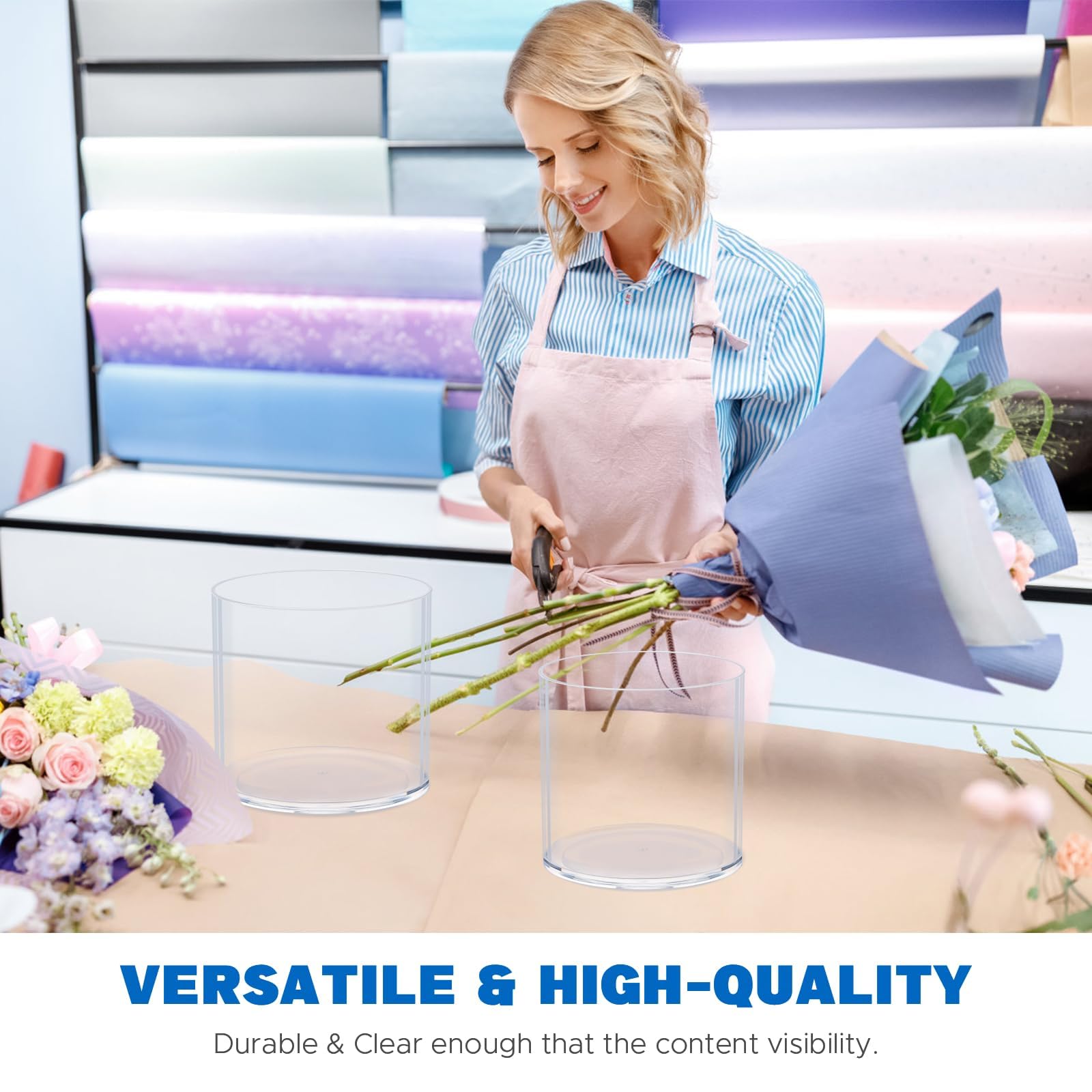 Flower Clear Vase Centerpiece for Home, Wedding Party, Plastic Clear Cylinder Wide for Flowers, Decorative Wide Mouth Vase for Decor (6'' W*8'' H)