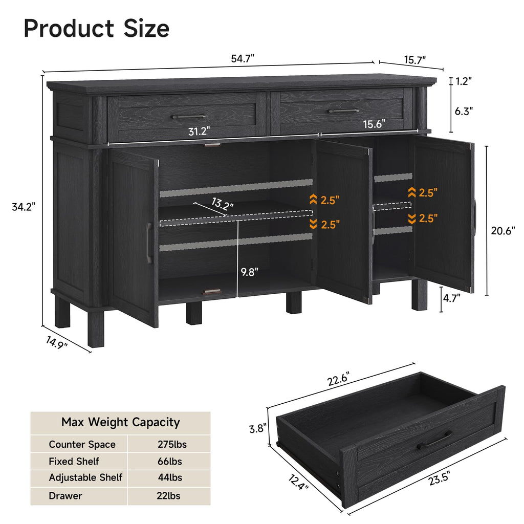 ONBRILL 48 Inches Buffet Cabinet with Storage, Farmhouse Sideboard Buffet w/2 Drawers and 3 Doors, Wood Coffee Bar Cabinet with Adjustable Shelves, Sideboard Storage for Kitchen, Living Room, Black
