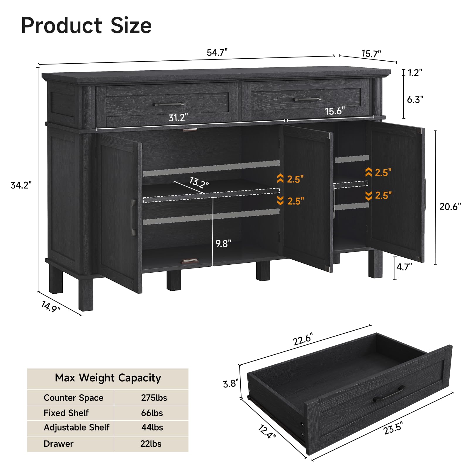 ONBRILL 48 Inches Buffet Cabinet with Storage, Farmhouse Sideboard Buffet w/2 Drawers and 3 Doors, Wood Coffee Bar Cabinet with Adjustable Shelves, Sideboard Storage for Kitchen, Living Room, Black