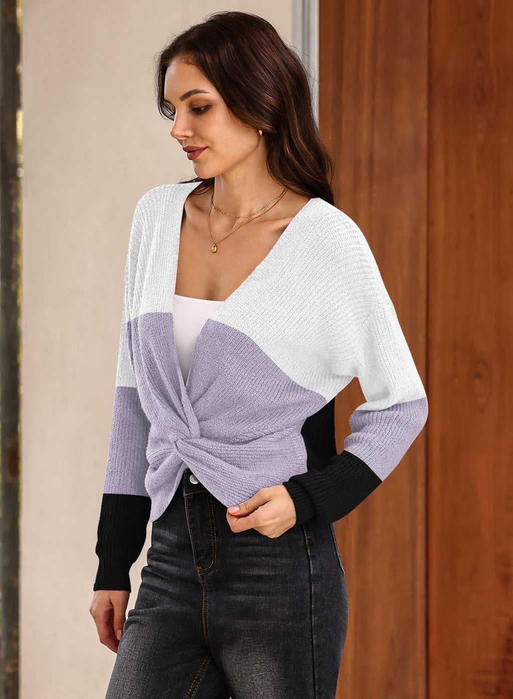 Pink Queen Women's 2026 Twist Knot Cropped Sweater V Neck Long Sleeve Knit Pullover Top Casual Fall Fashion Clothes