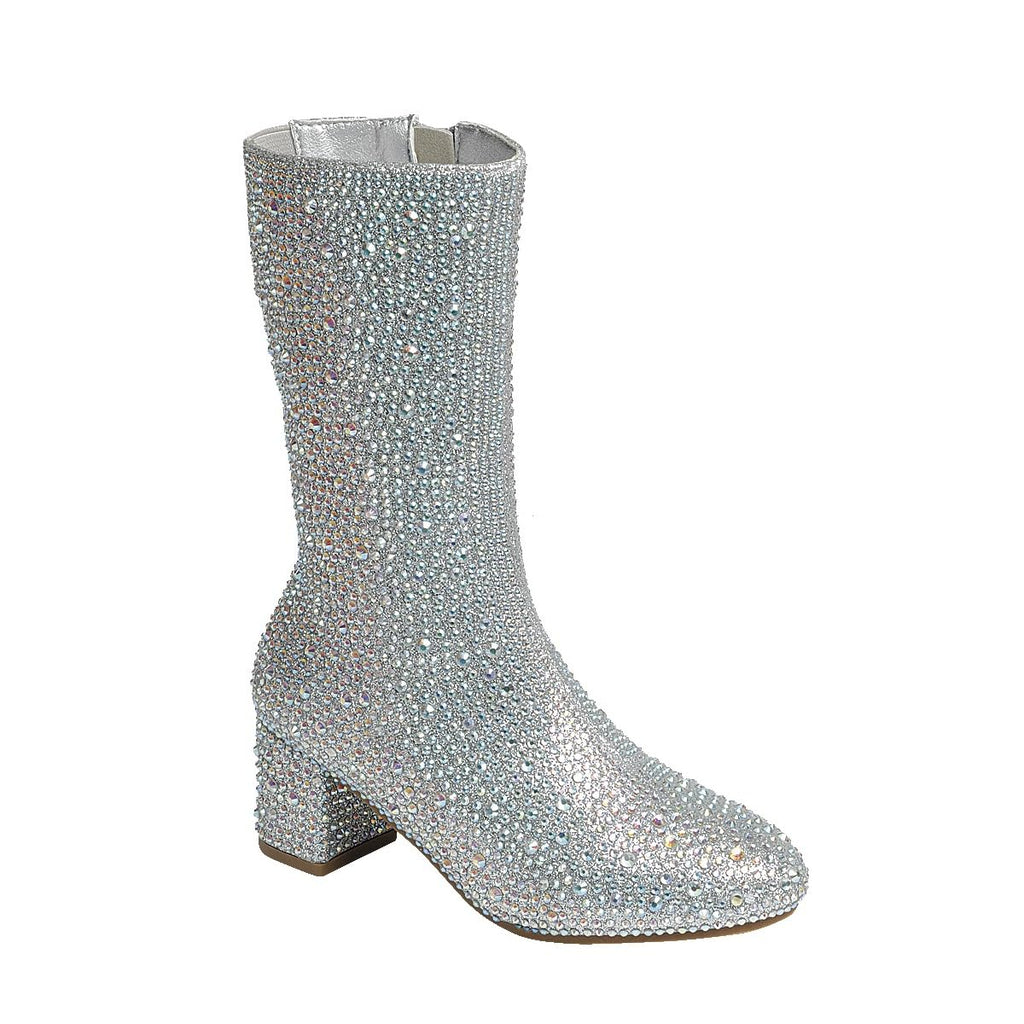 ABSOLEX Girl's Rhinestone Round Toe Knee High Chunky Low Heel Boot
