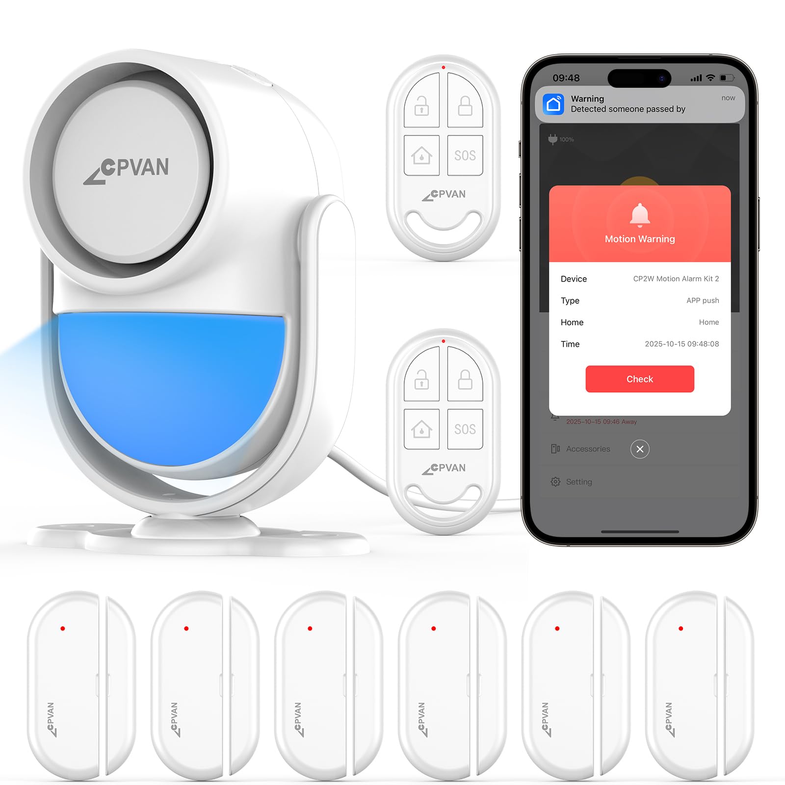 CPVAN WiFi Motion Sensor Alarm, 125dB Smart PIR Motion Detector with Phone App Alerts, Wireless Indoor Home Security Alarm System with Remote, 2.4GHz WiFi, Black