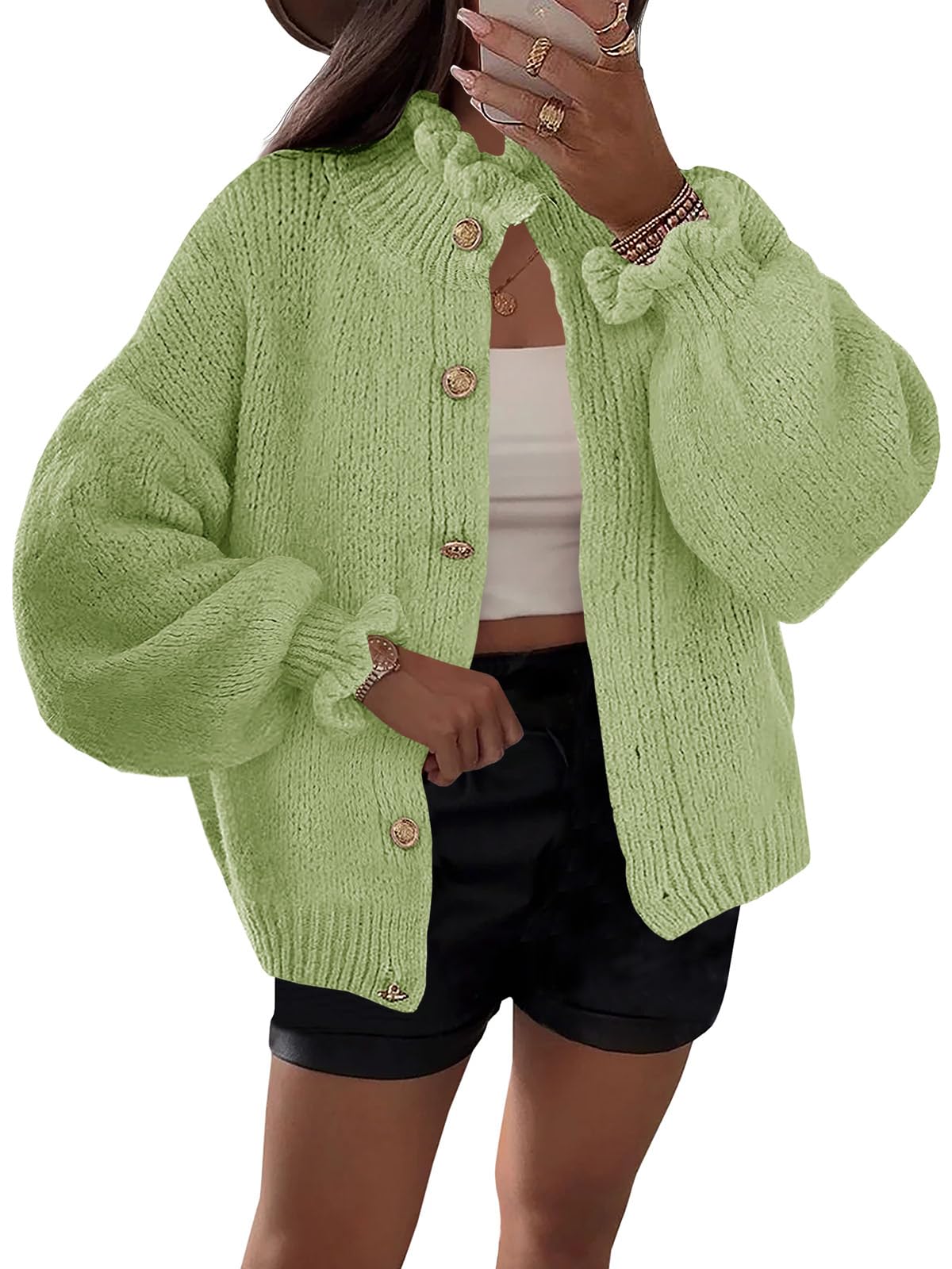 Saodimallsu Womens Ruffle Cardigan Oversized Button Up Fall Trendy Ribbed Knit Open Front Long Sleeve Loose Cute Sweater