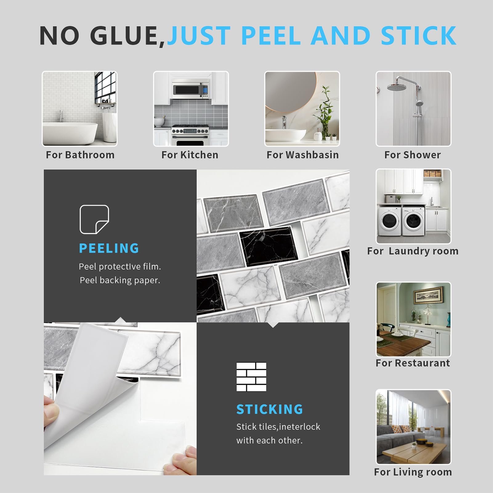 URCOLOR 10-Sheet Back Splashes for Kitchens Peel and Stick,12"x12" Self Adhesive Subway Wall Tiles Stick on backsplash Tiles for Bathroom Black Marble