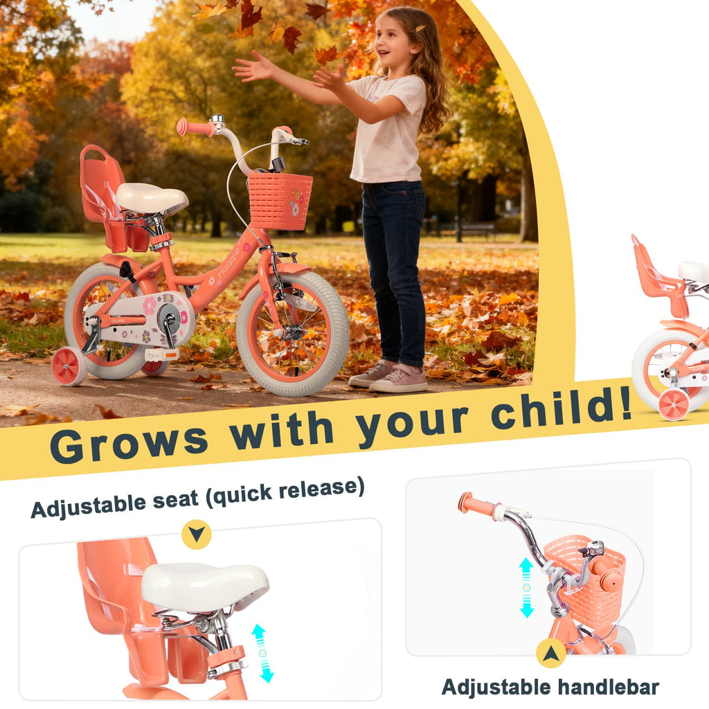 Glerc Maggie Girls Bike, 12-20 Inch Kids Bike for 2-13 Years Old Children, Princess Style Kids Bicycle with Doll-Seat & Basket & Training Wheels, Multiple Colors