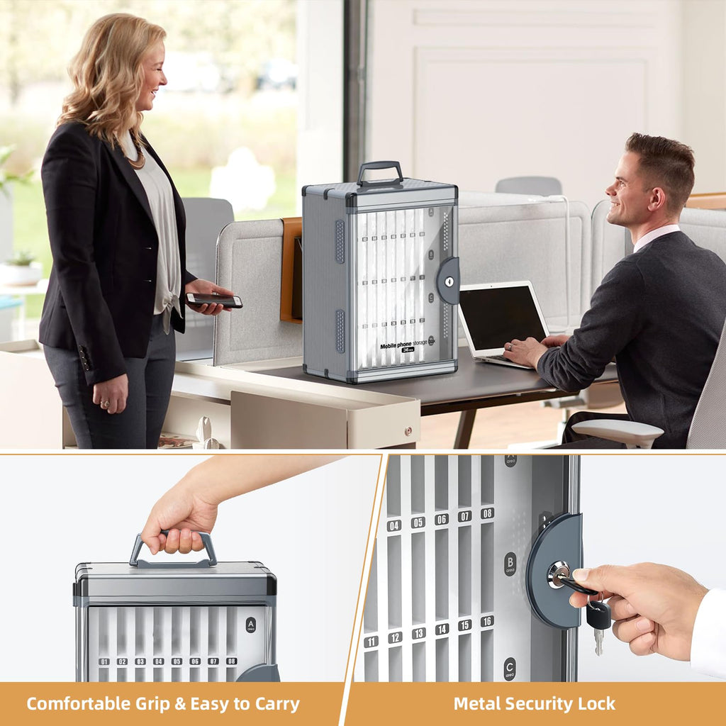 Glosen Cell Phone Locker 24 Slots, Portable Phone Storage Cabinet [Wall Mounted] [Silver 24 Slots-Universal Key ] Aluminum Alloy Cellphone Lock Box with Key & Handle for School Classroom Office Exam
